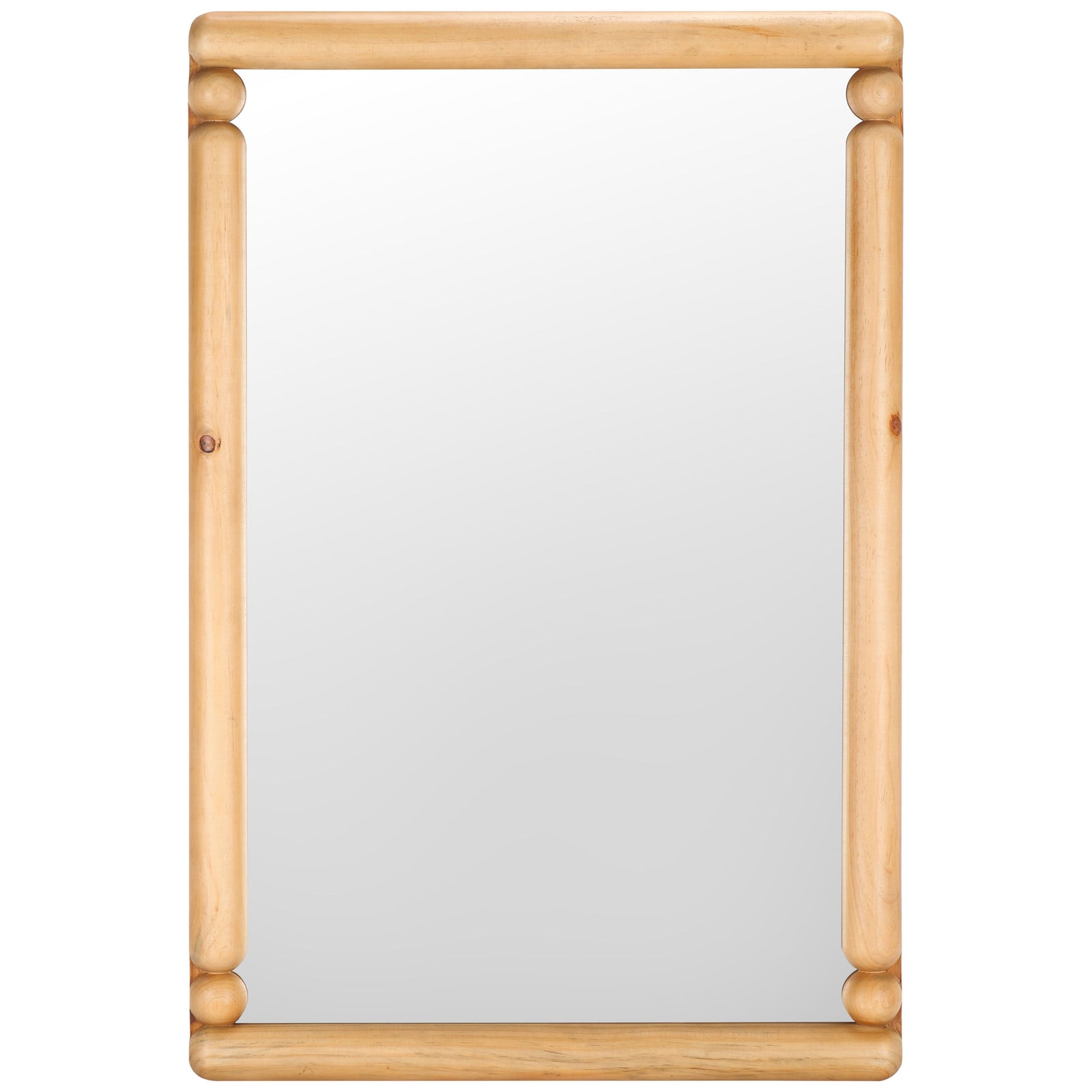Tall rectangular mirror with a warm wood frame and bead accents at each corner || MRR9019A || front_studio