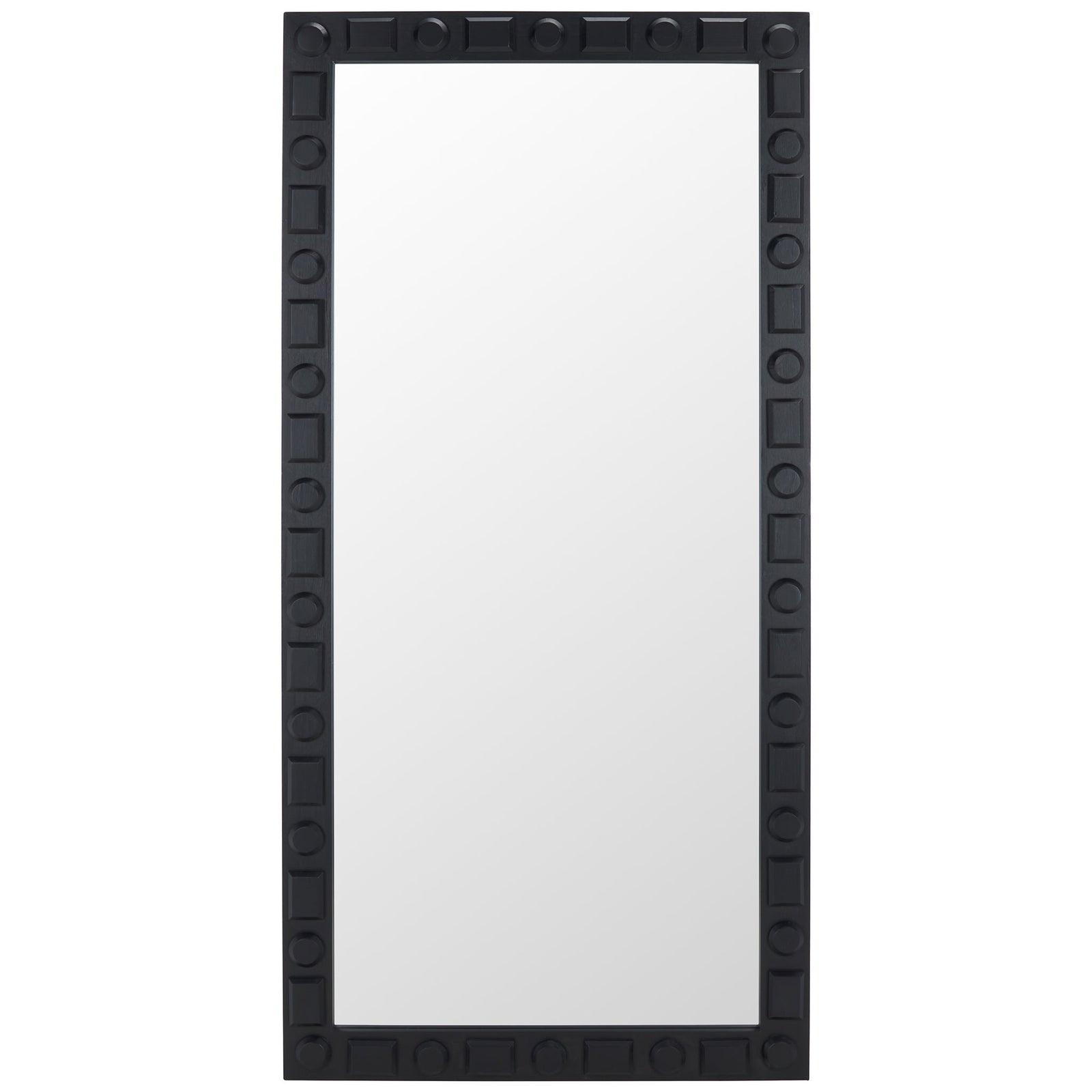 Tall rectangular mirror pairs a reflective surface with a bold black geometric frame || MRR9022A || front_studio