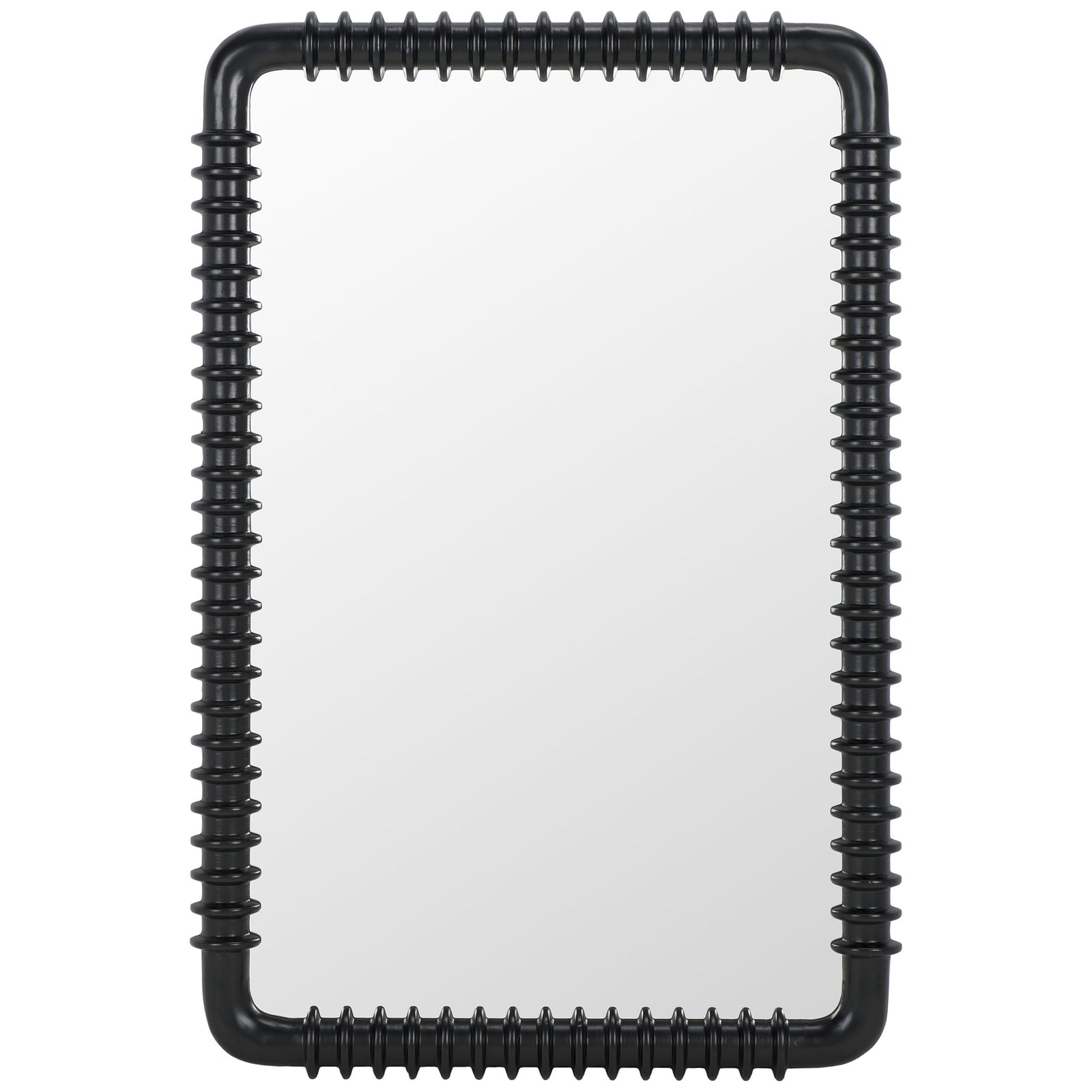 A tall rectangular mirror features a black frame with evenly spaced raised rings. || MRR9024A || front_studio