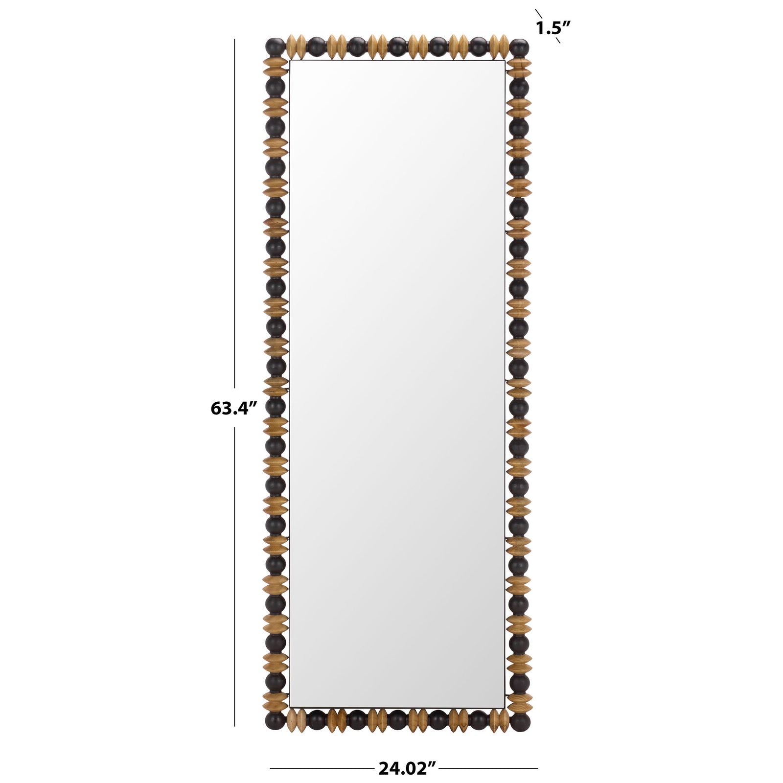 A 63.4-inch-tall mirror measures 24.02 inches wide, with a slim 1.5-inch profile and a beaded frame. || MRR9028A || dimension_studio