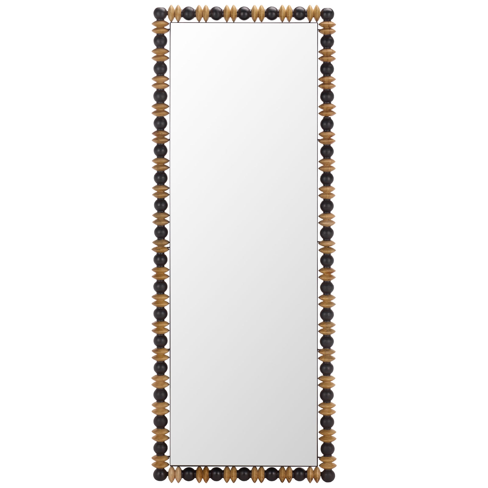 A full-length mirror features a bold border of black beads and warm, natural wood discs. || MRR9028A || front_studio