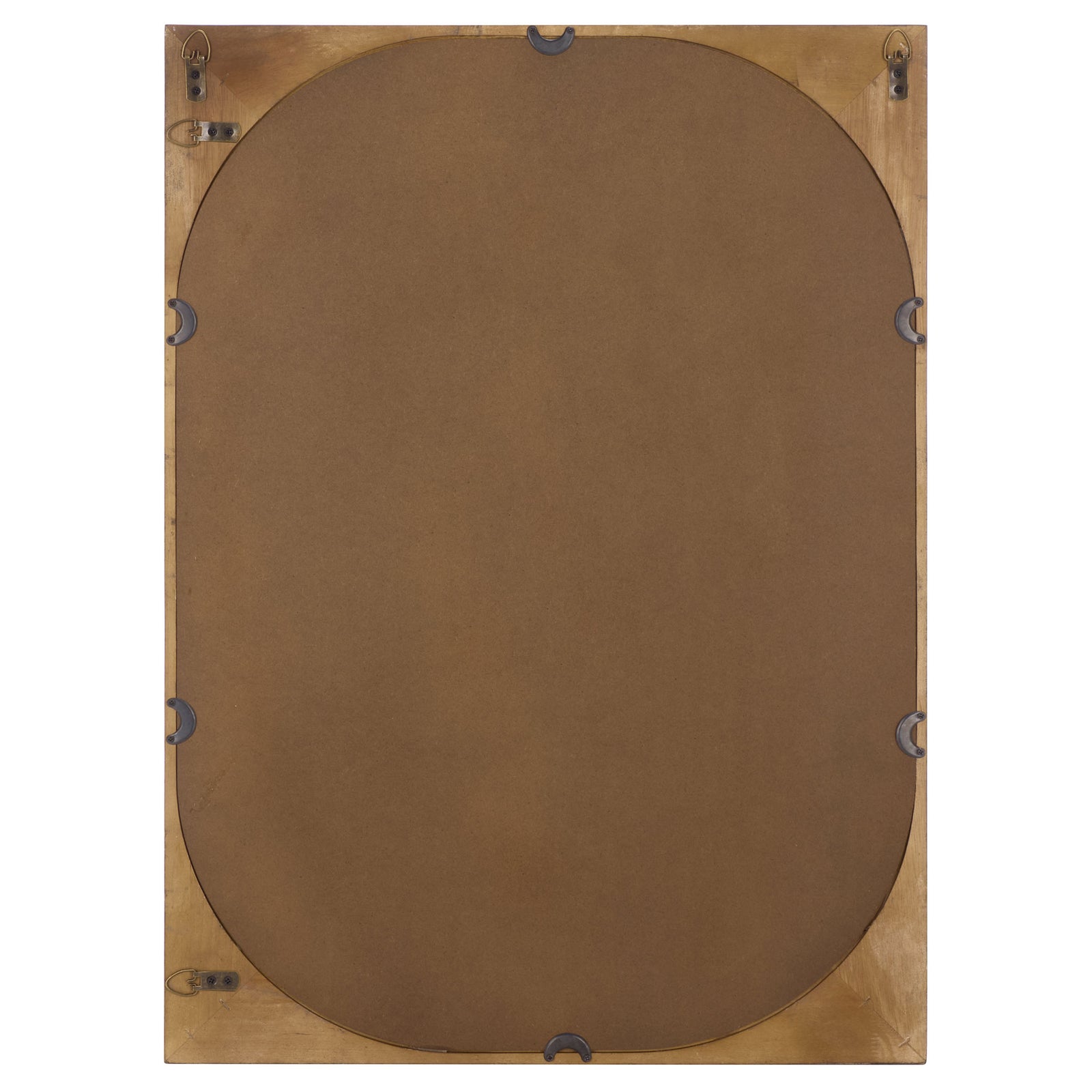 A smooth brown back panel and metal hanging hardware complete this wood-framed mirror. || MRR9030A || back_studio