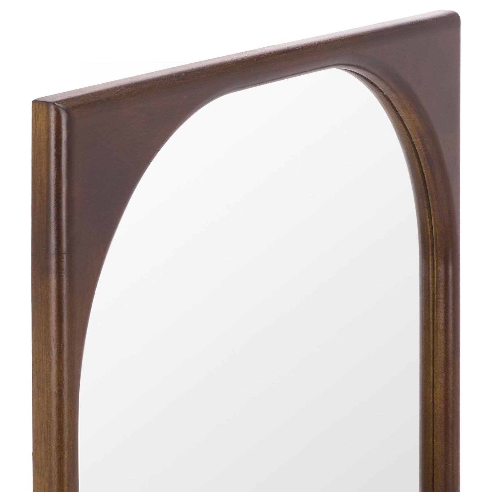 A rich brown wood frame surrounds the softly rounded mirror opening for a warm, modern look. || MRR9030A || detail_studio