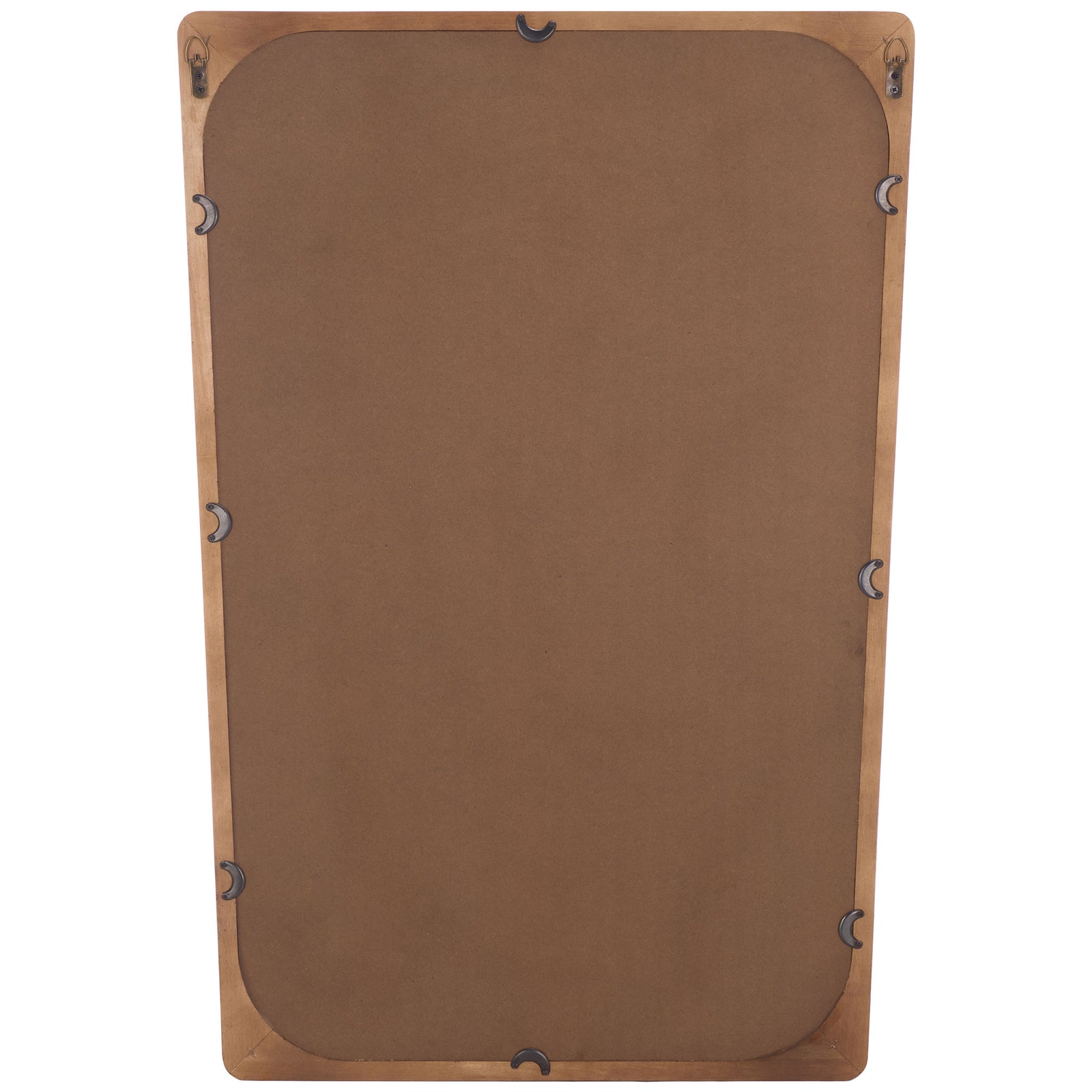 Brown backing and metal mounting loops equip the mirror for vertical wall display || MRR9031A || back_studio