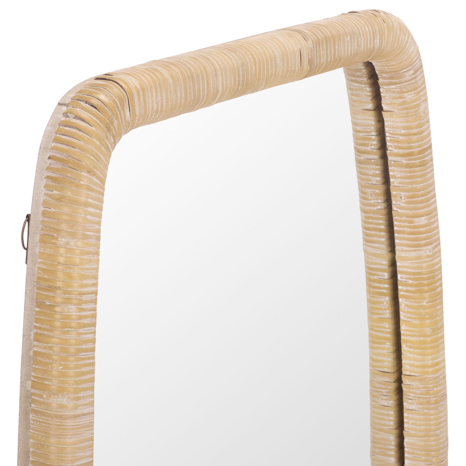 Closely wrapped natural rattan gives the rounded mirror frame a warm, ribbed texture || MRR9032A || detail_studio