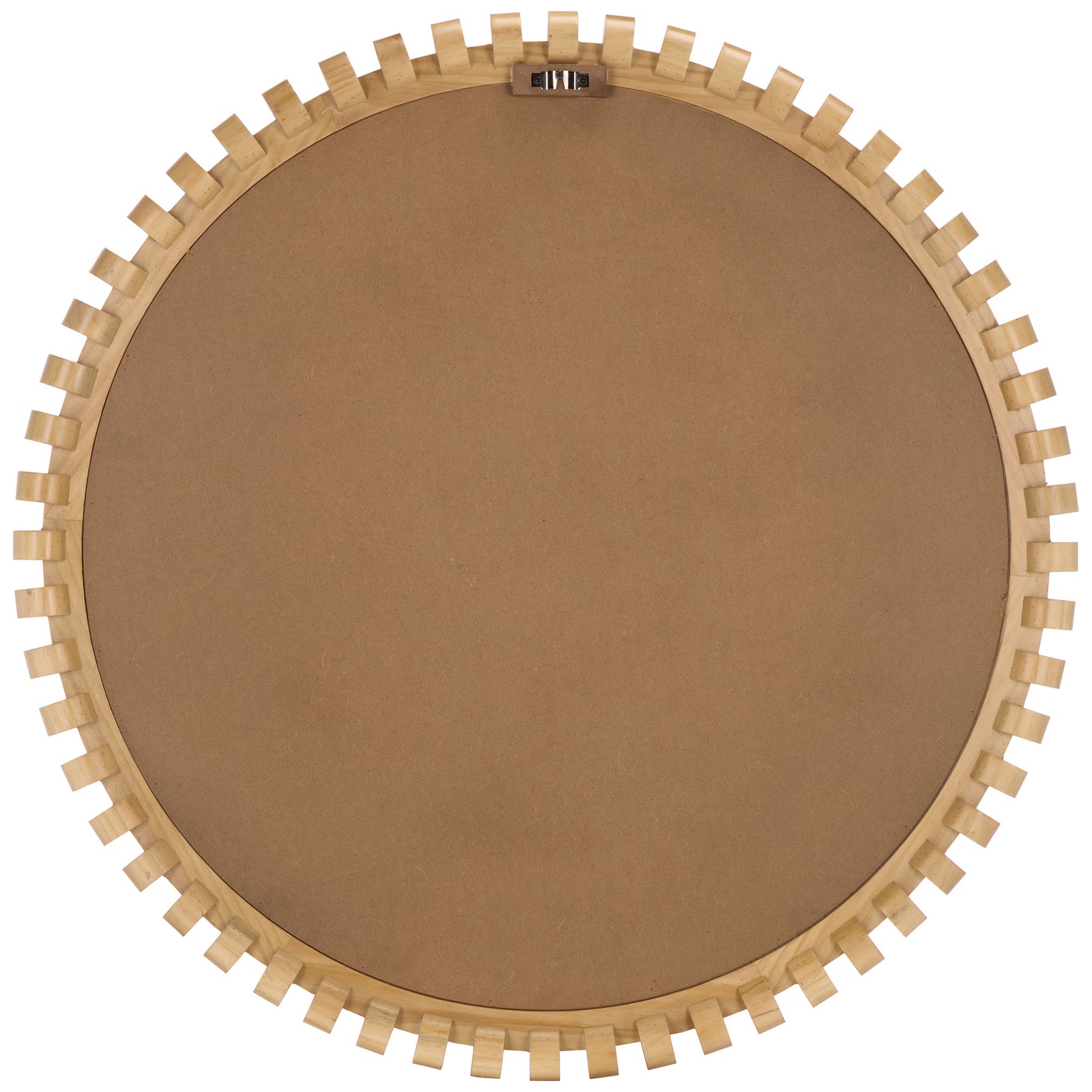 The round mirror has a natural pine frame, a smooth back panel, and a centered metal wall hanger. || MRR9033A || back_studio