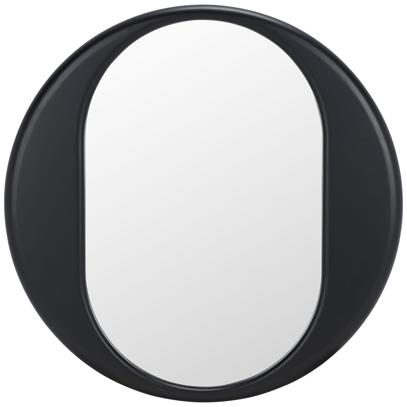 A bold black circular frame surrounds a tall oval mirror for modern geometric contrast || MRR9034A || front_studio