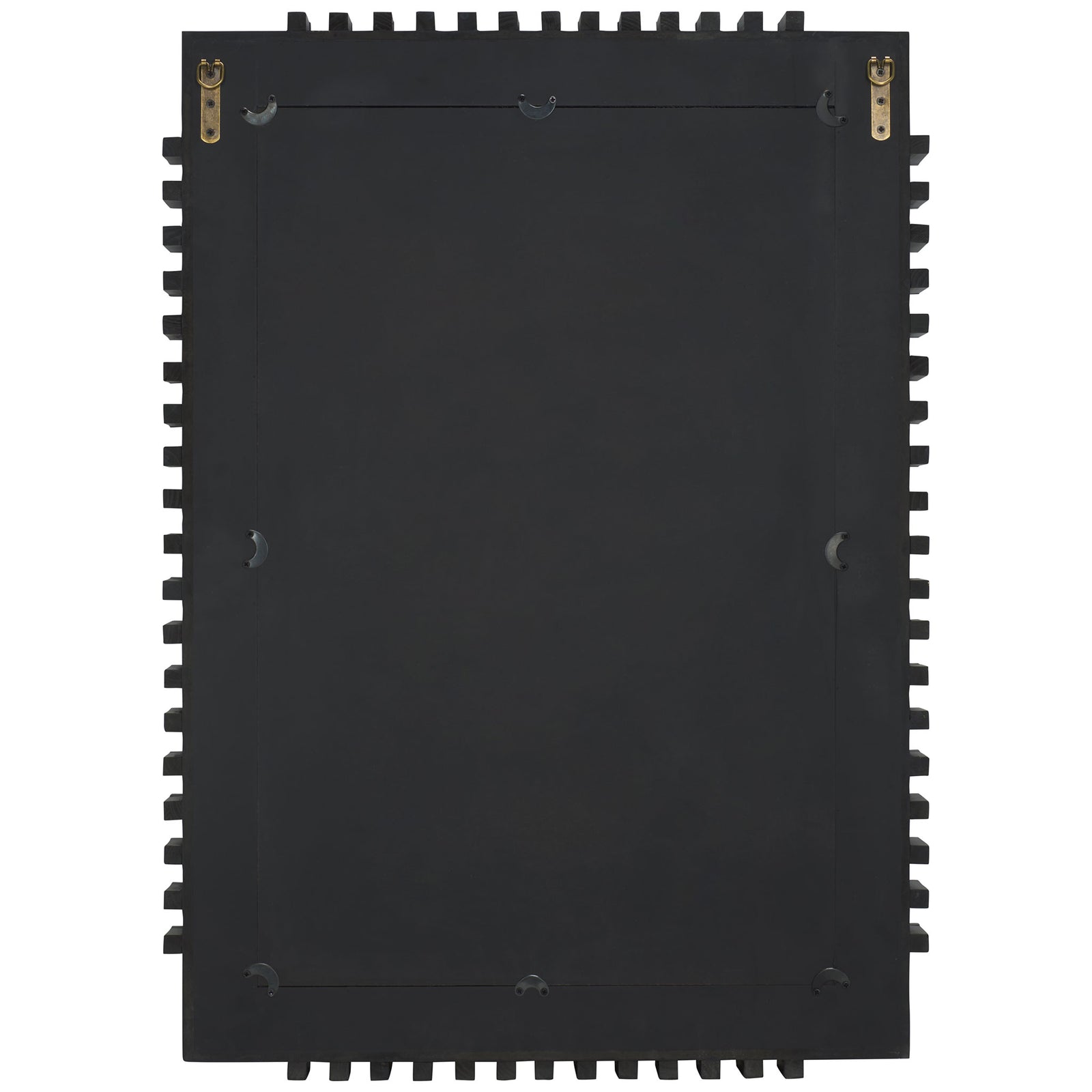 Black wall mirror with a solid backing, two mounting brackets, and ribbed frame edges. || MRR9037A || back_studio