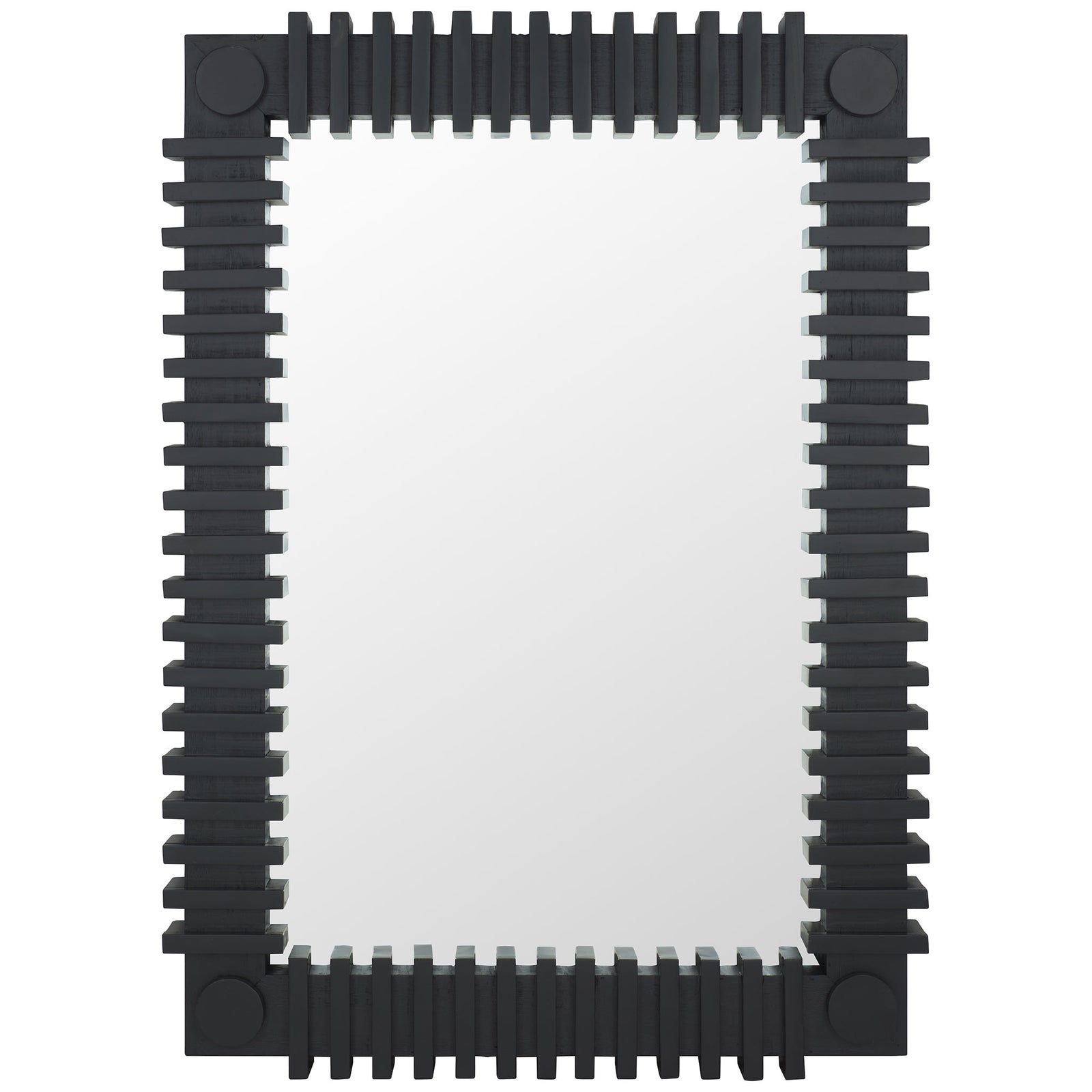 Rectangular wall mirror framed by bold black ridges and circular corner details. || MRR9037A || front_studio