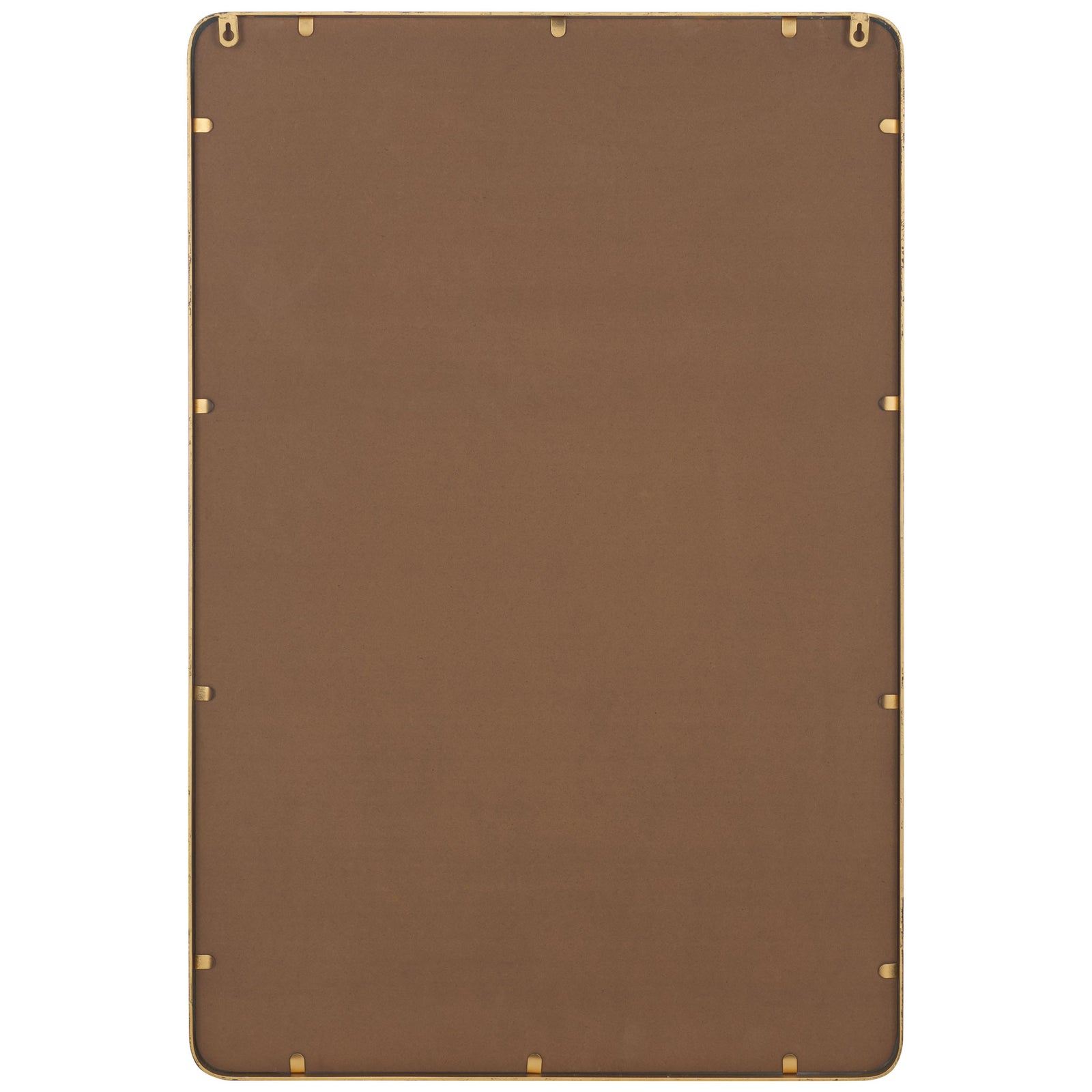 Brown backing with two hanging hooks supports the mirror's slim antique gold frame || MRR9038A || back_studio