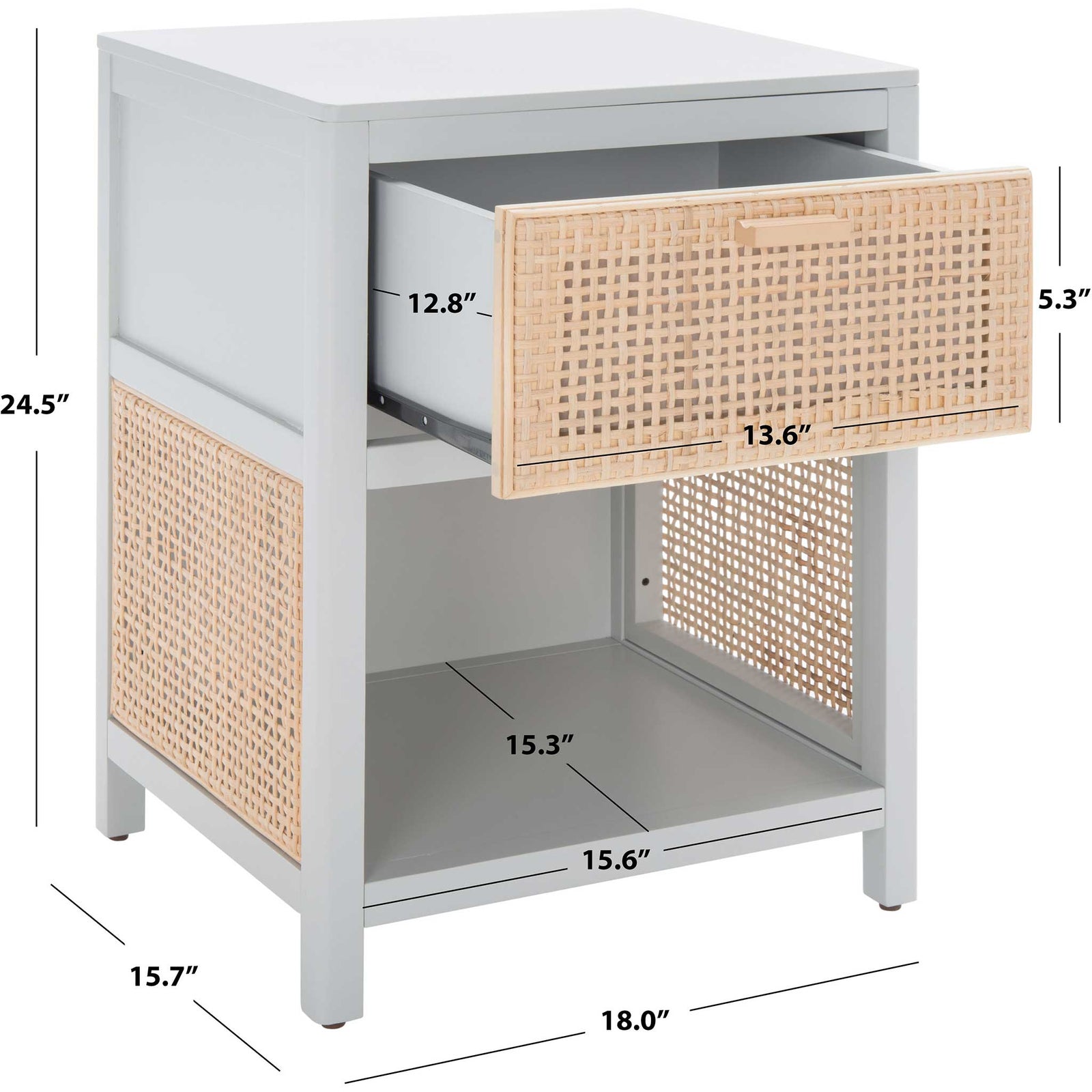Compact footprint with a roomy drawer and open shelf sized for bedside essentials. || NST5012D || dimension_studio