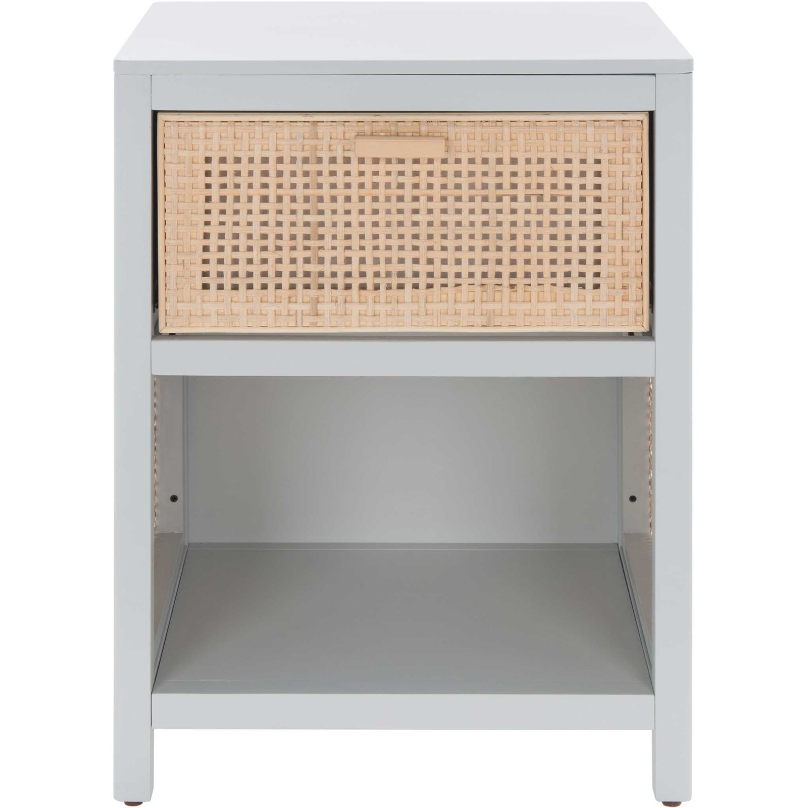 Sleek gray nightstand with woven rattan drawer front and open shelf for easy bedside organization. || NST5012D || front_studio
