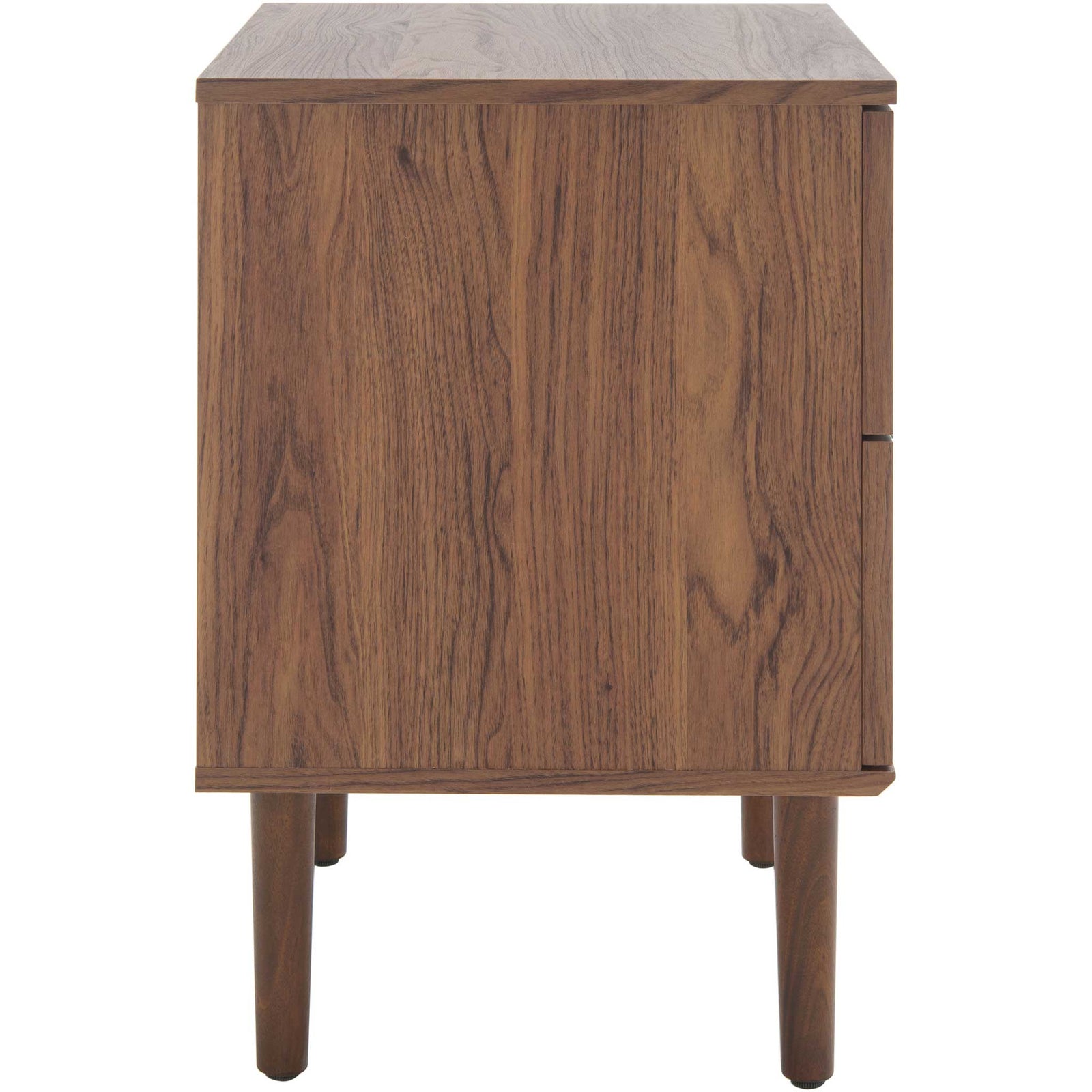 Streamlined walnut profile highlights the mid-century silhouette and tapered legs || NST9602A || side_studio