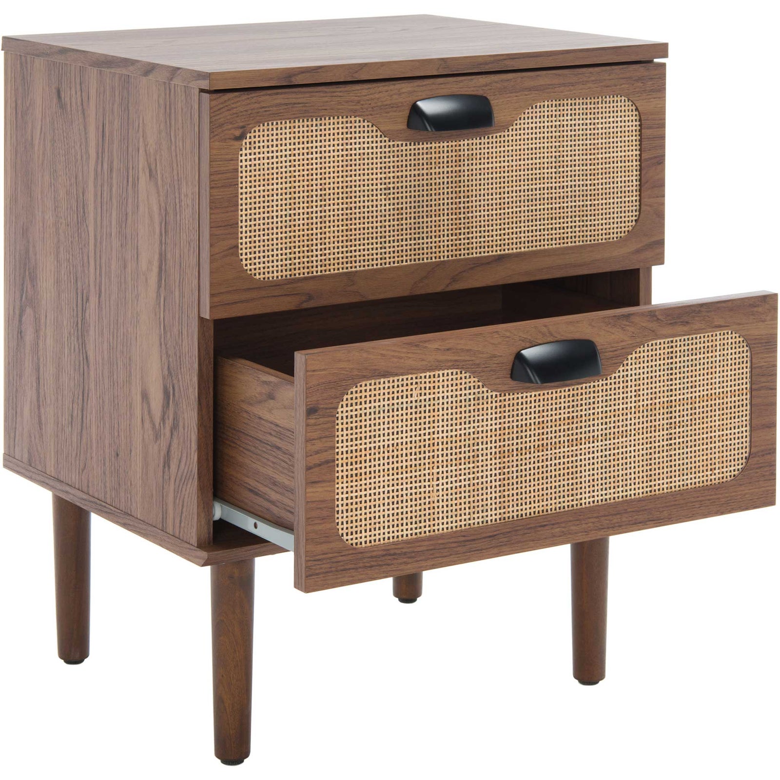 Spacious drawers with rattan fronts glide smoothly within a clean walnut case || NST9602A || front_angle_open_studio