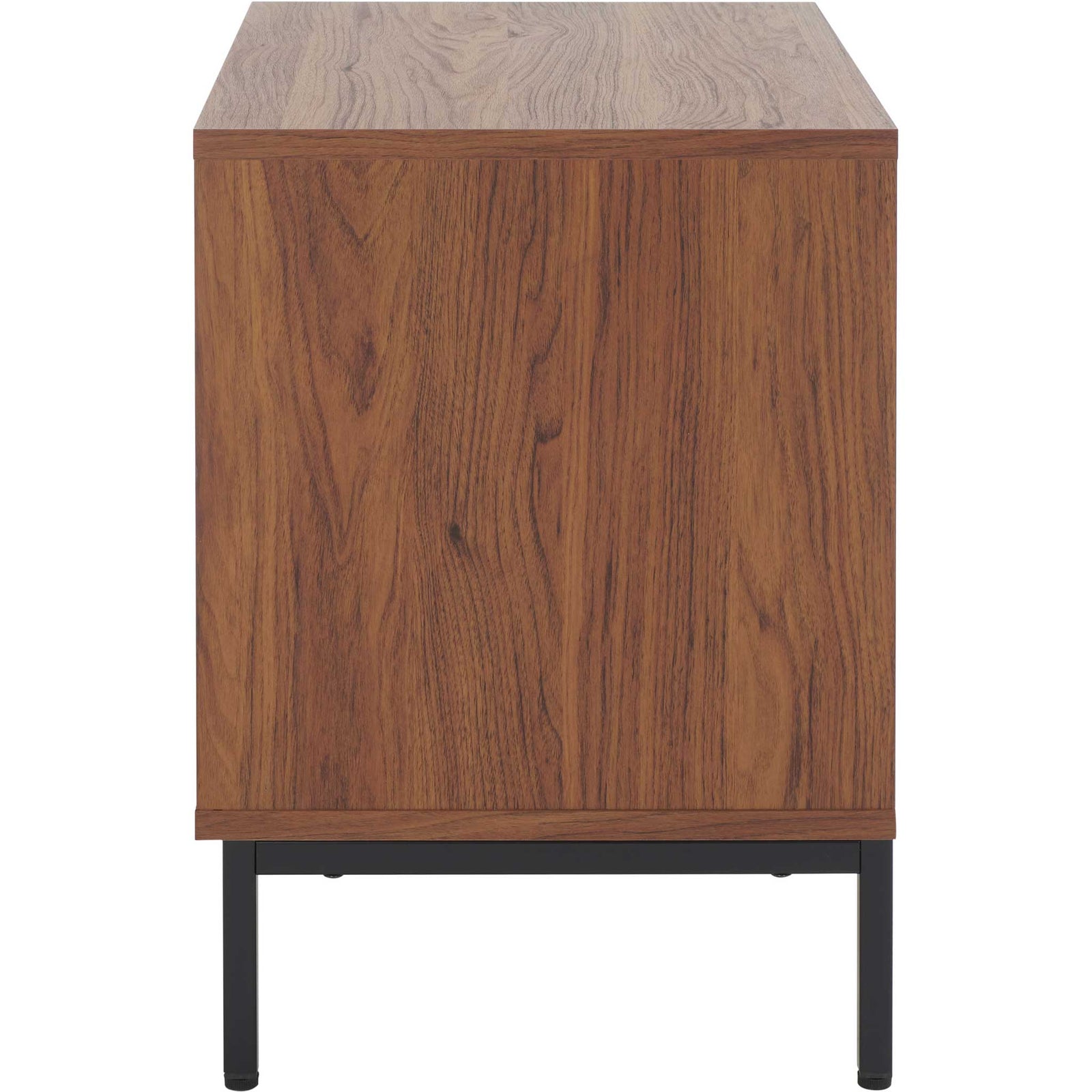 Streamlined walnut finish silhouette perched on a slim black metal base || NST9605A || side_studio