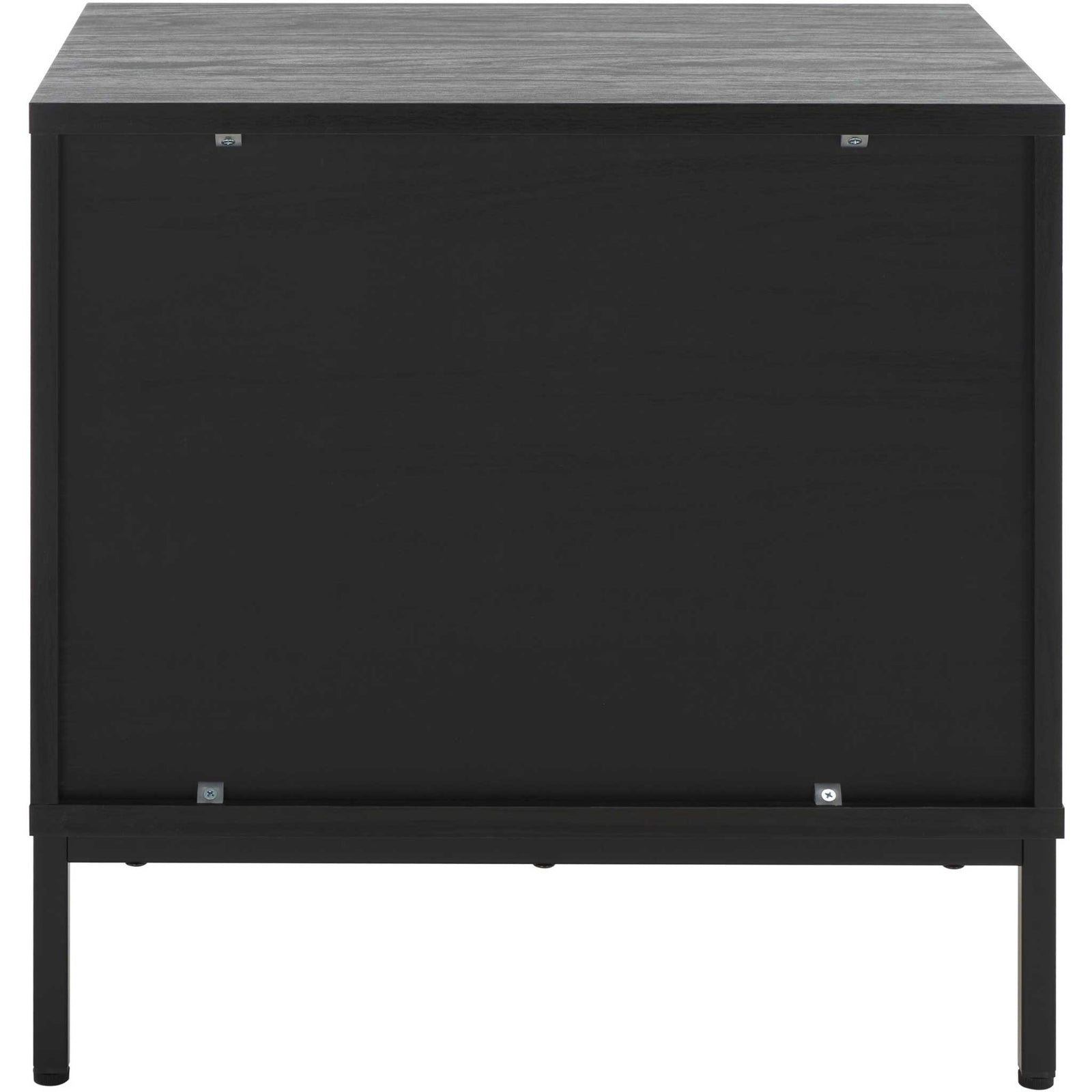 Black nightstand with slim metal legs and a clean finished back for polished placement || NST9605B || back_studio