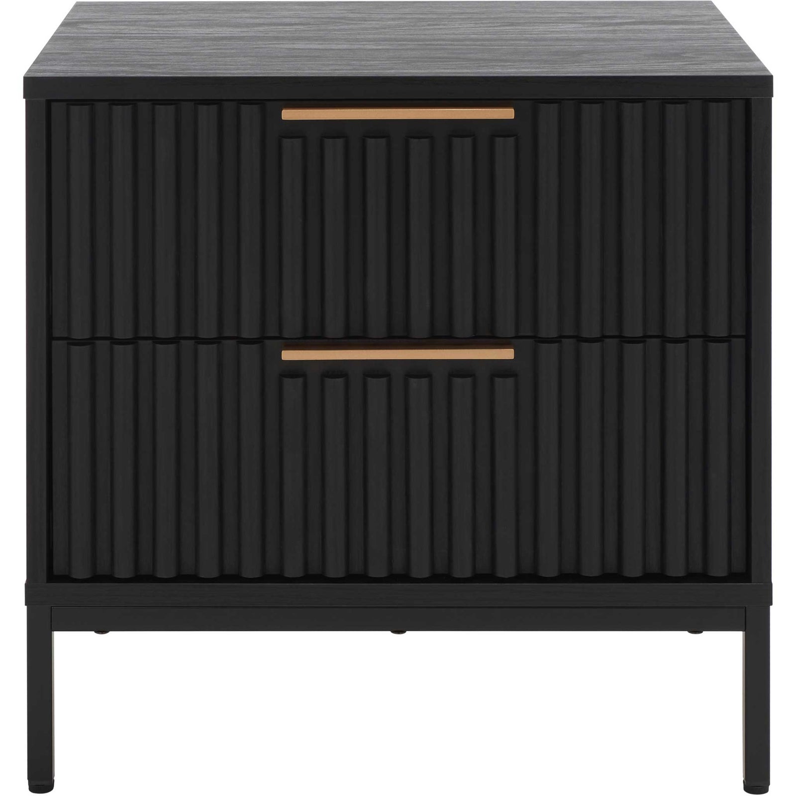 Modern black nightstand with fluted twin drawers and slim gold pulls on a raised metal base || NST9605B || front_studio
