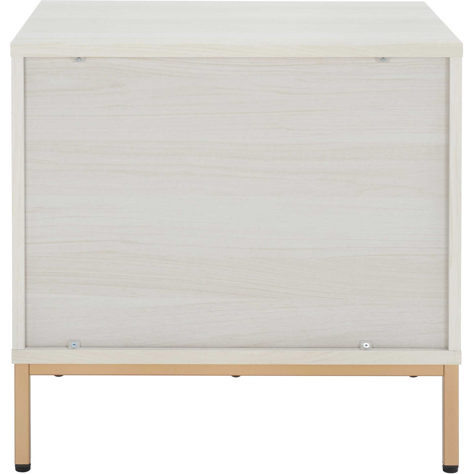 Back panel in bleached white woodgrain above a gold metal base. || NST9605C || back_studio