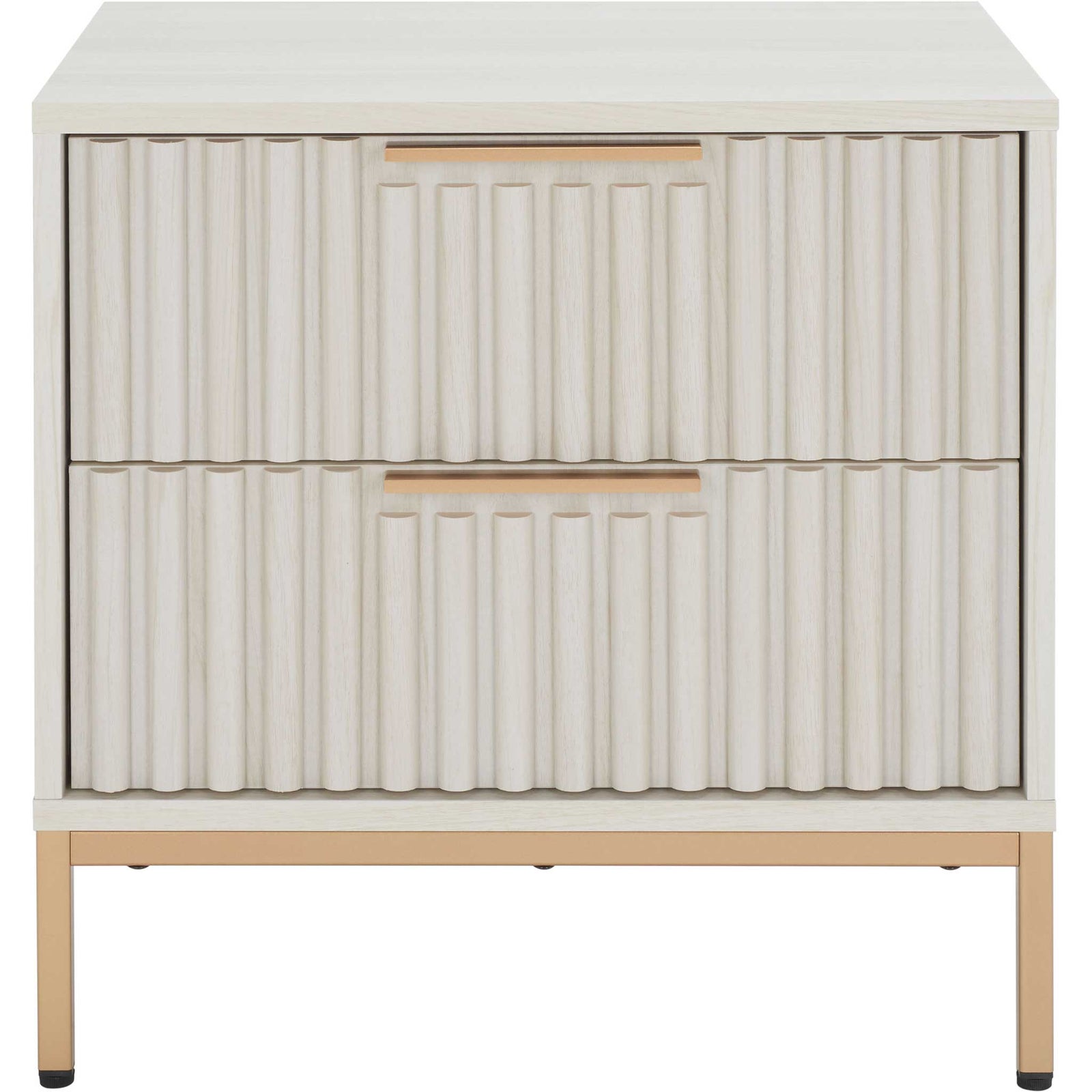 Bleached white nightstand with fluted drawer fronts and gold metal base. || NST9605C || front_studio