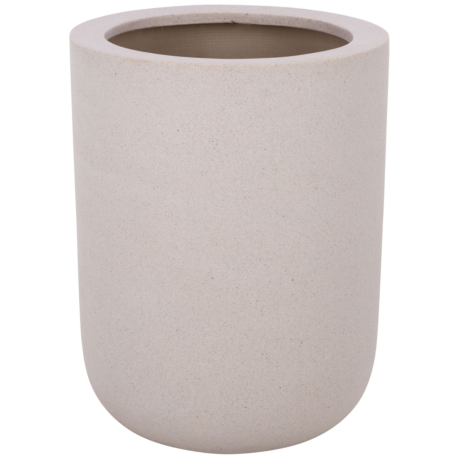 Tall beige fiberstone planter with a broad circular opening and softly rounded base || PAT1400B || front_studio