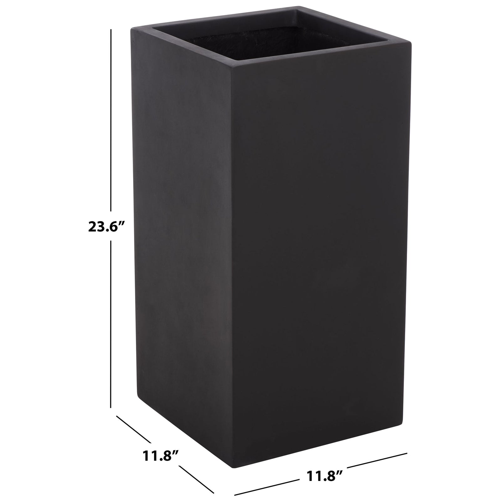Tall black square planter measures 11.8 inches wide and deep by 23.6 inches high || PAT1402A || dimension_studio