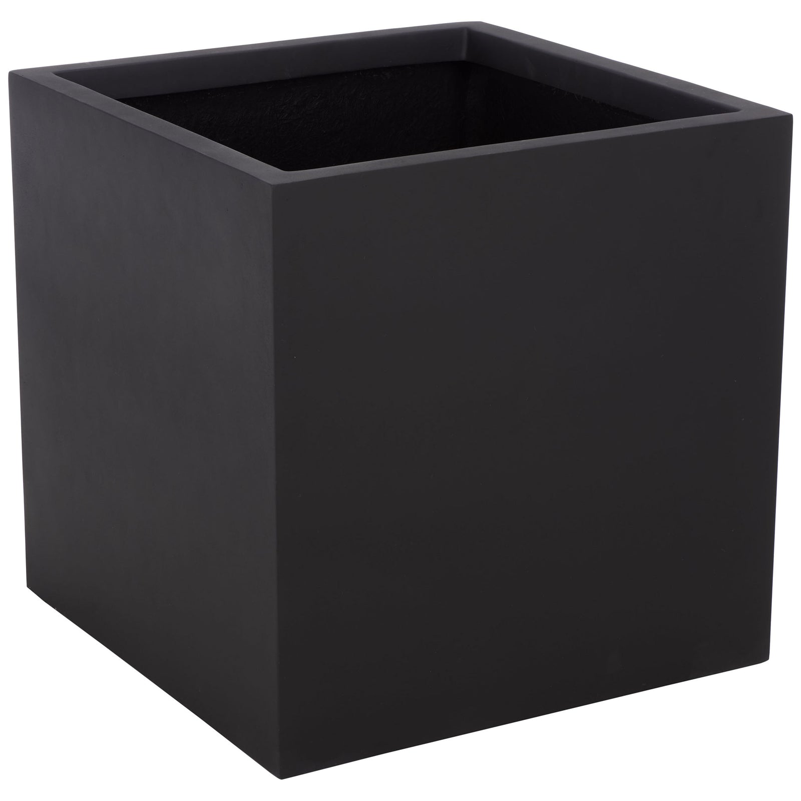 Wide black planter features a deep square opening and softly textured straight sides || PAT1403A || front_angle_studio