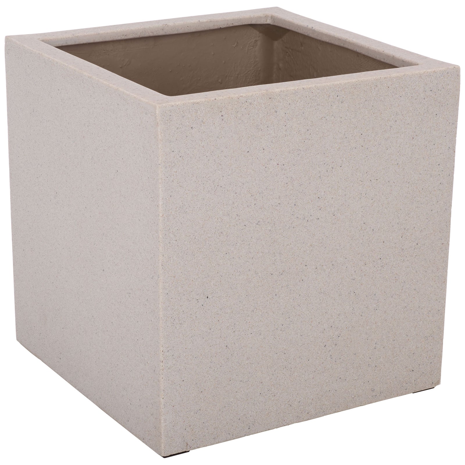 Broad square beige planter has straight sides, an open top, and a flecked finish || PAT1403B || front_angle_studio