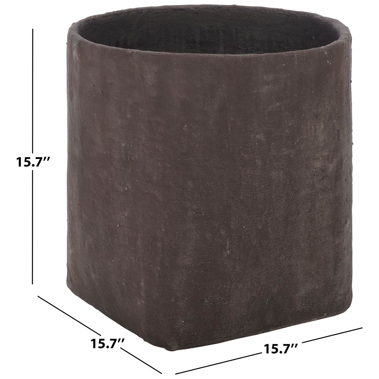 Brown square planter measures 15.7 inches wide, deep, and tall. || PAT1408A || dimension_studio