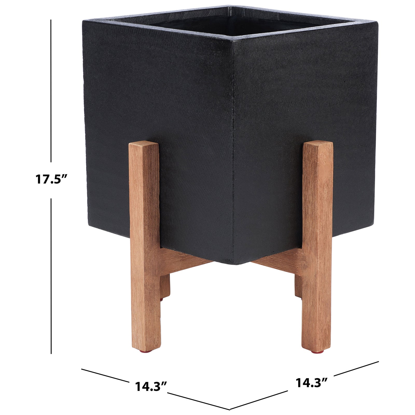 Compact black planter measures 14.3 inches square and 17.5 inches tall on its wood stand. || PAT1512A || dimension_studio