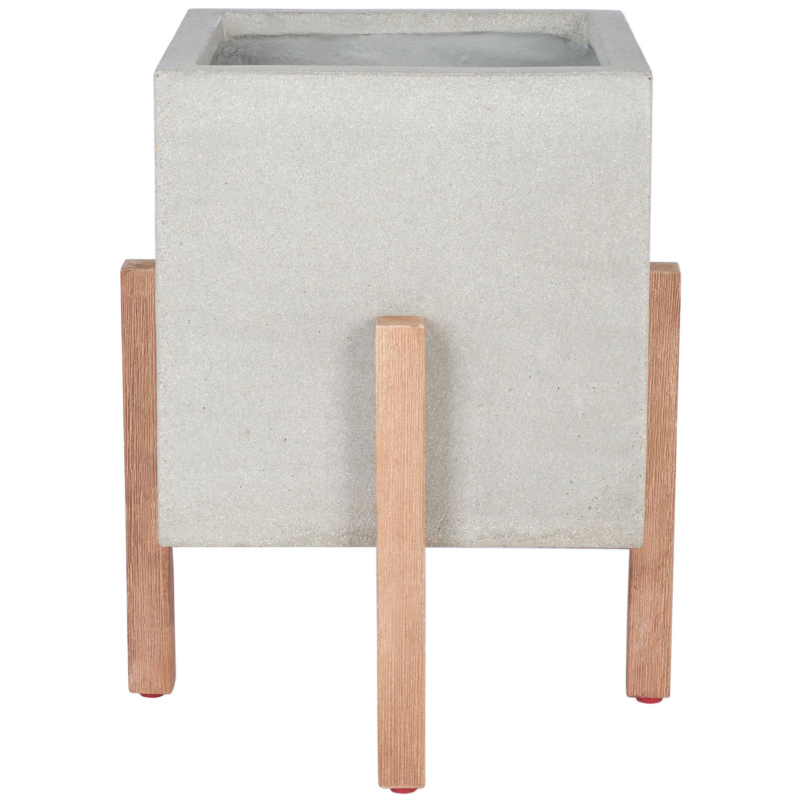 A light gray square concrete planter sits on natural acacia wood legs for airy modern style. || PAT1512B || front_studio