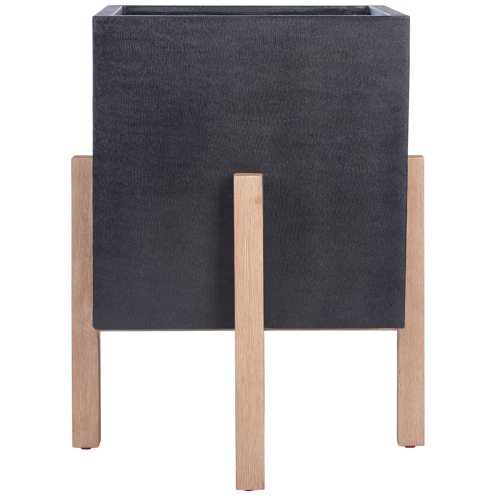 Generous black square planter combines textured concrete with a raised natural wood base. || PAT1513A || front_studio