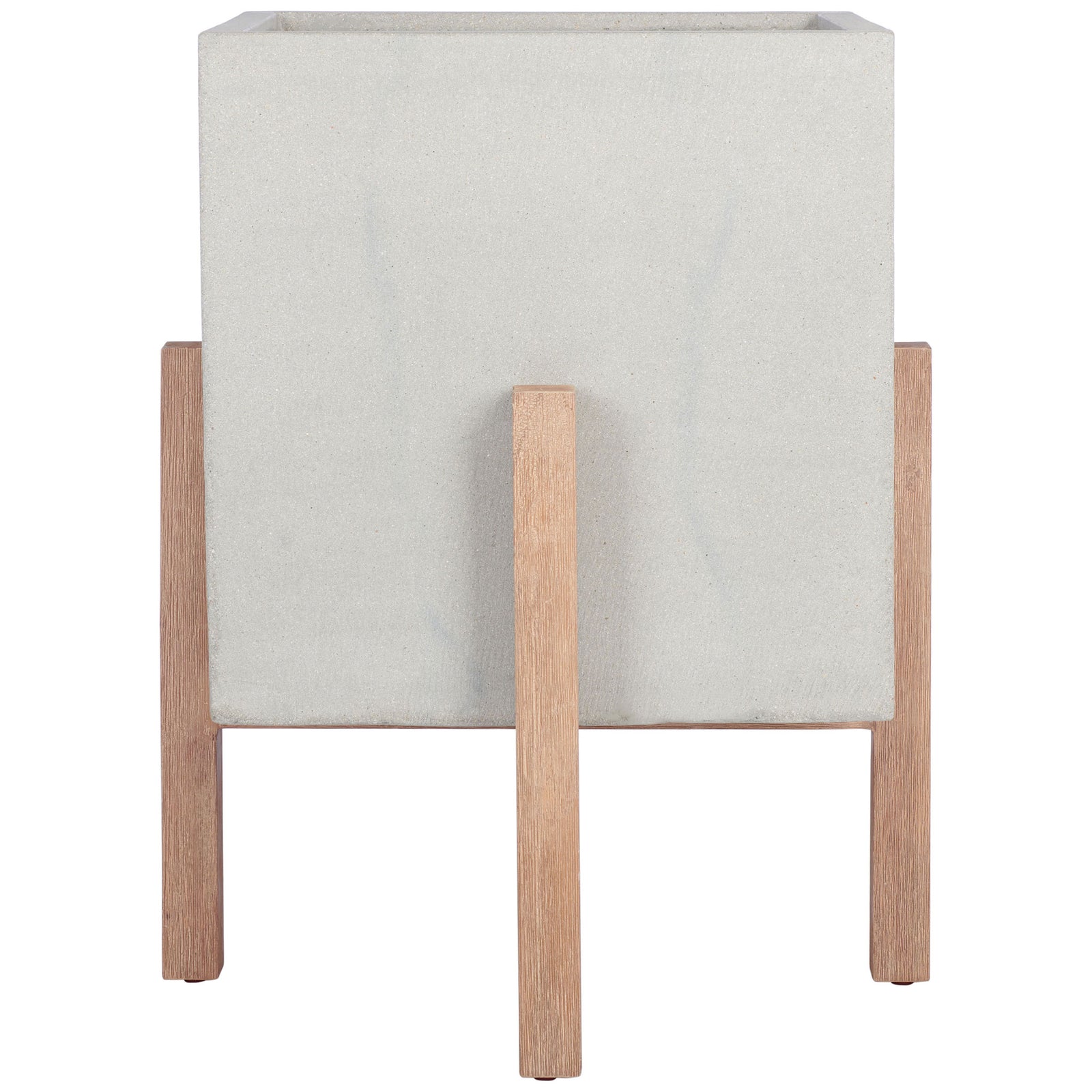 Light gray concrete and natural wood legs give this large cube planter a soft, modern contrast. || PAT1513B || front_studio
