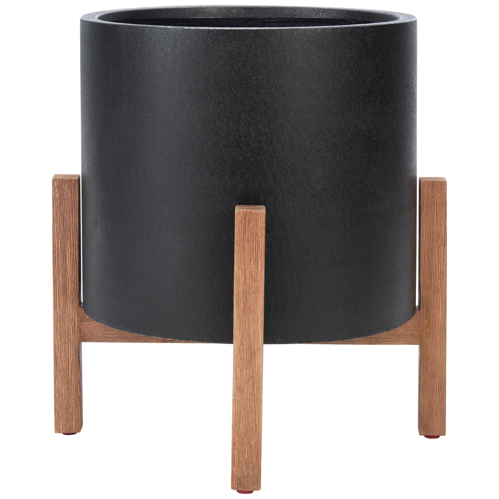 A matte black cylindrical pot rises on a warm wood-grain stand with clean, upright legs. || PAT1514A || front_studio