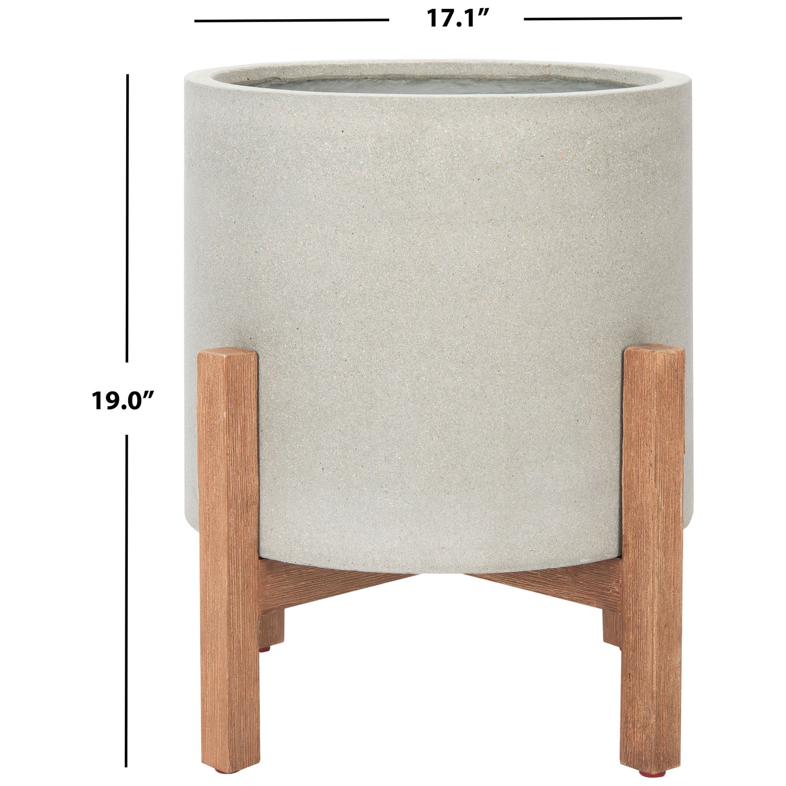 A 17.1-inch-wide gray pot stands 19 inches high on its wood-toned frame. || PAT1514B || dimension_studio