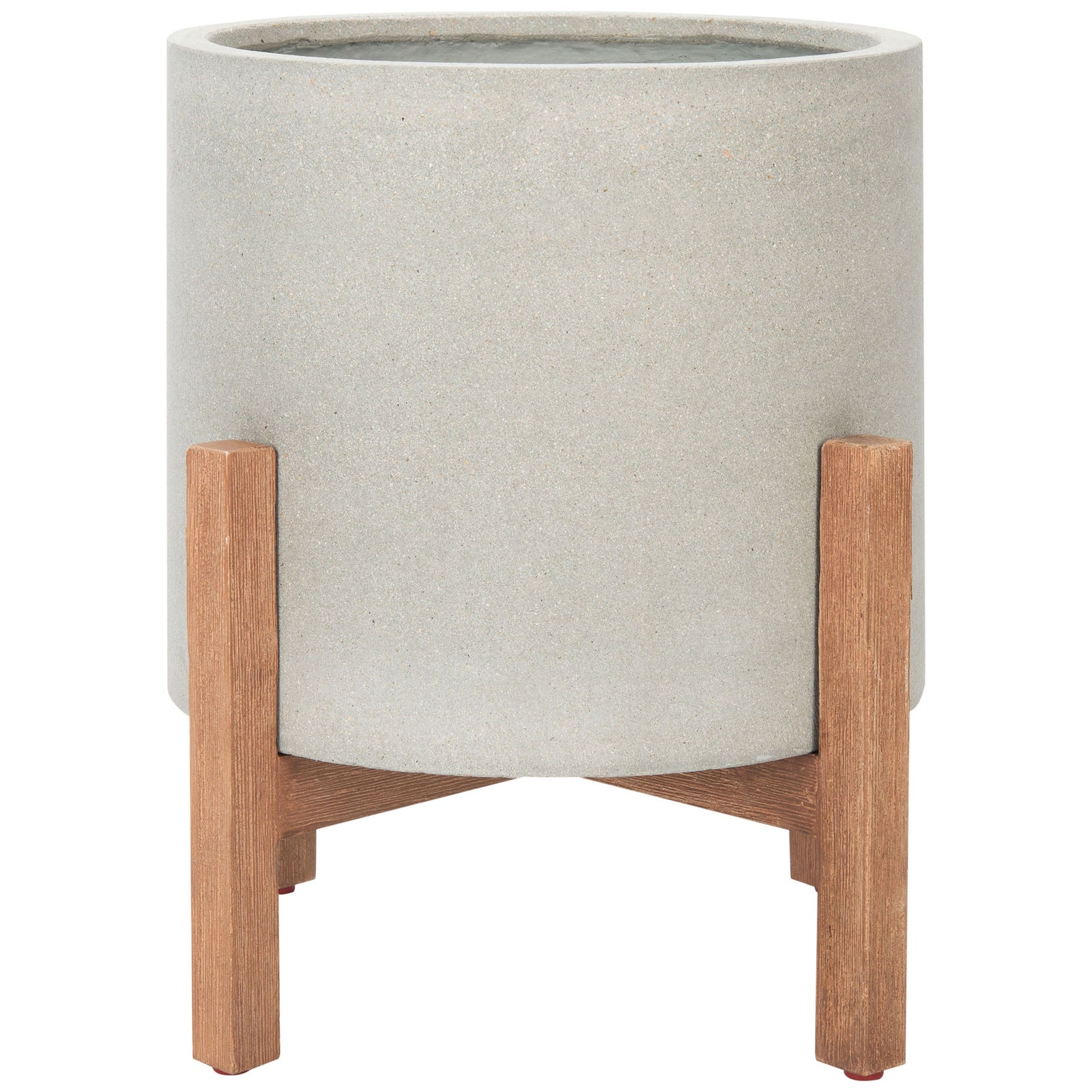 A light gray cylinder rests above a wood-grain cross brace on a raised stand. || PAT1514B || side_studio