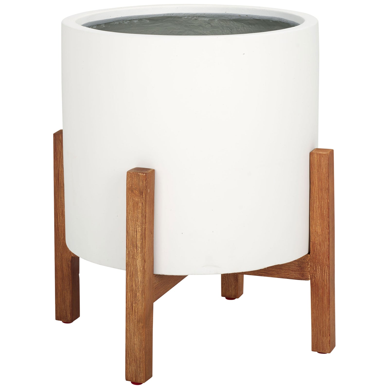 A white cylindrical planter contrasts with its open, four-legged wood-grain frame. || PAT1514C || side_studio