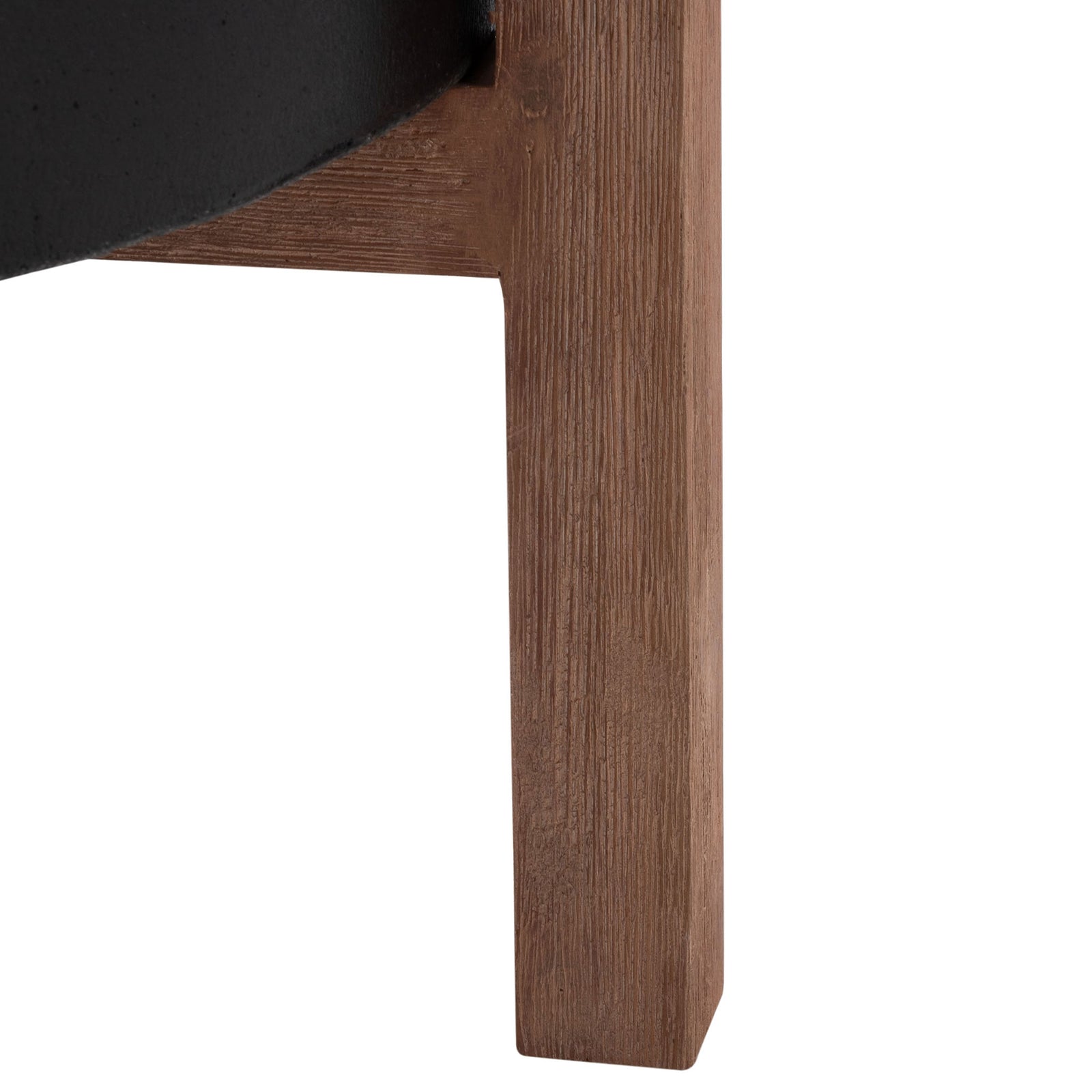 A sturdy wood-grain leg supports the curved black pot with an angled brace. || PAT1515A || leg_studio