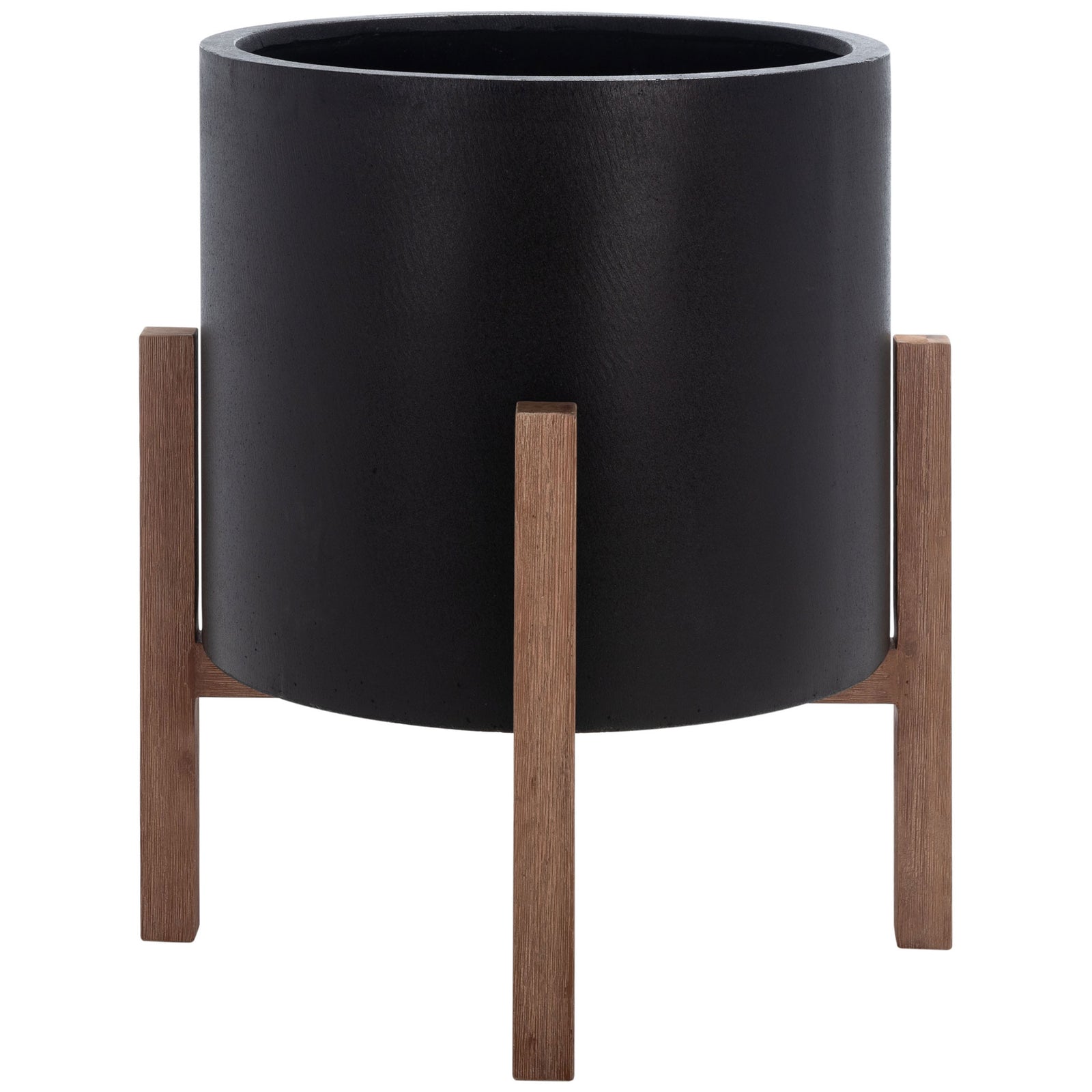 A black cylindrical planter stands above intersecting wood-toned braces and upright legs. || PAT1515A || side_studio