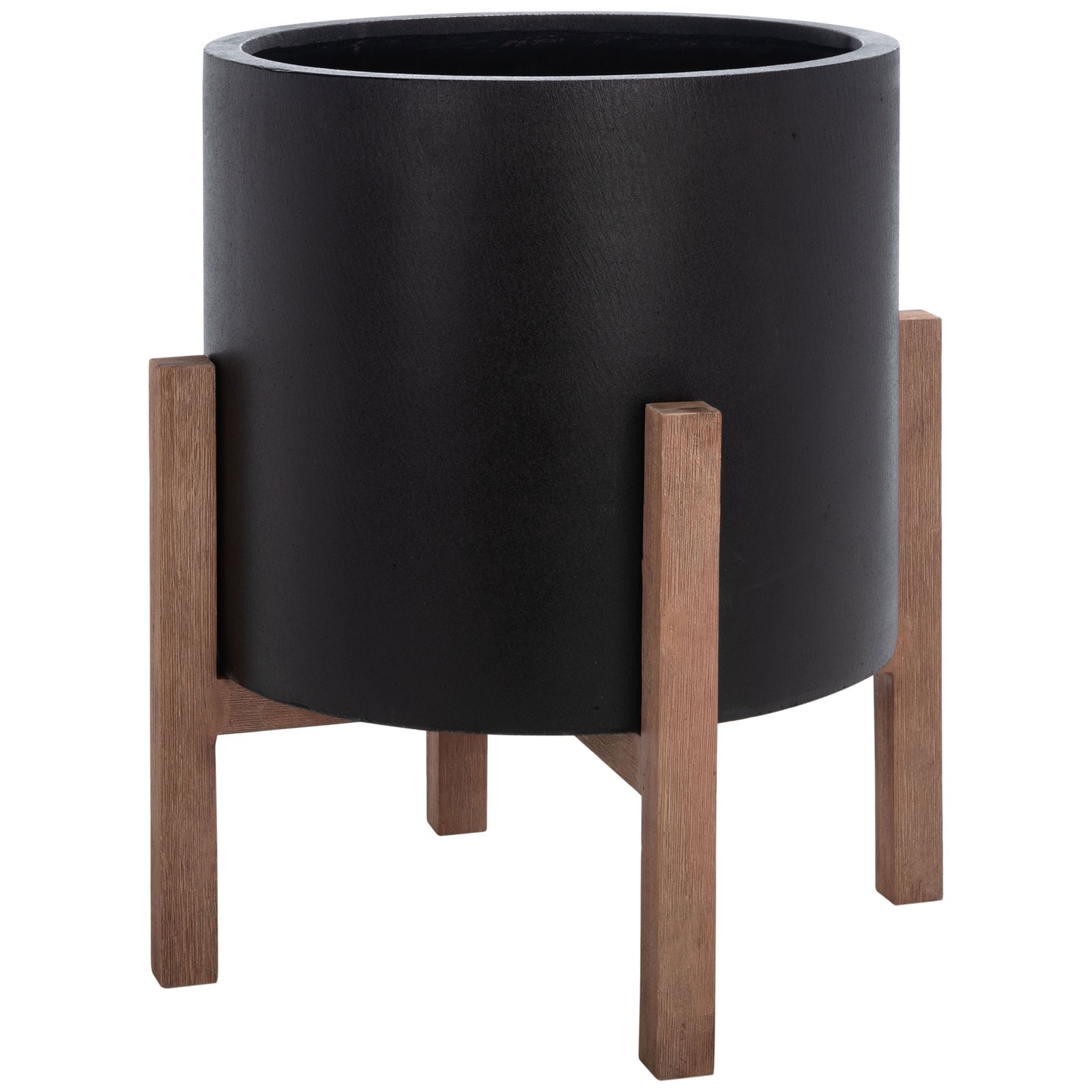 A deep black cylindrical planter sits high on an open, four-legged wood-toned stand. || PAT1515A || side_studio