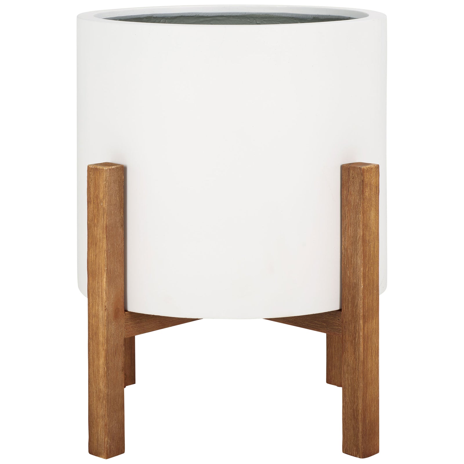 A spacious white cylindrical planter is elevated on a warm wood-grain stand. || PAT1515C || front_studio