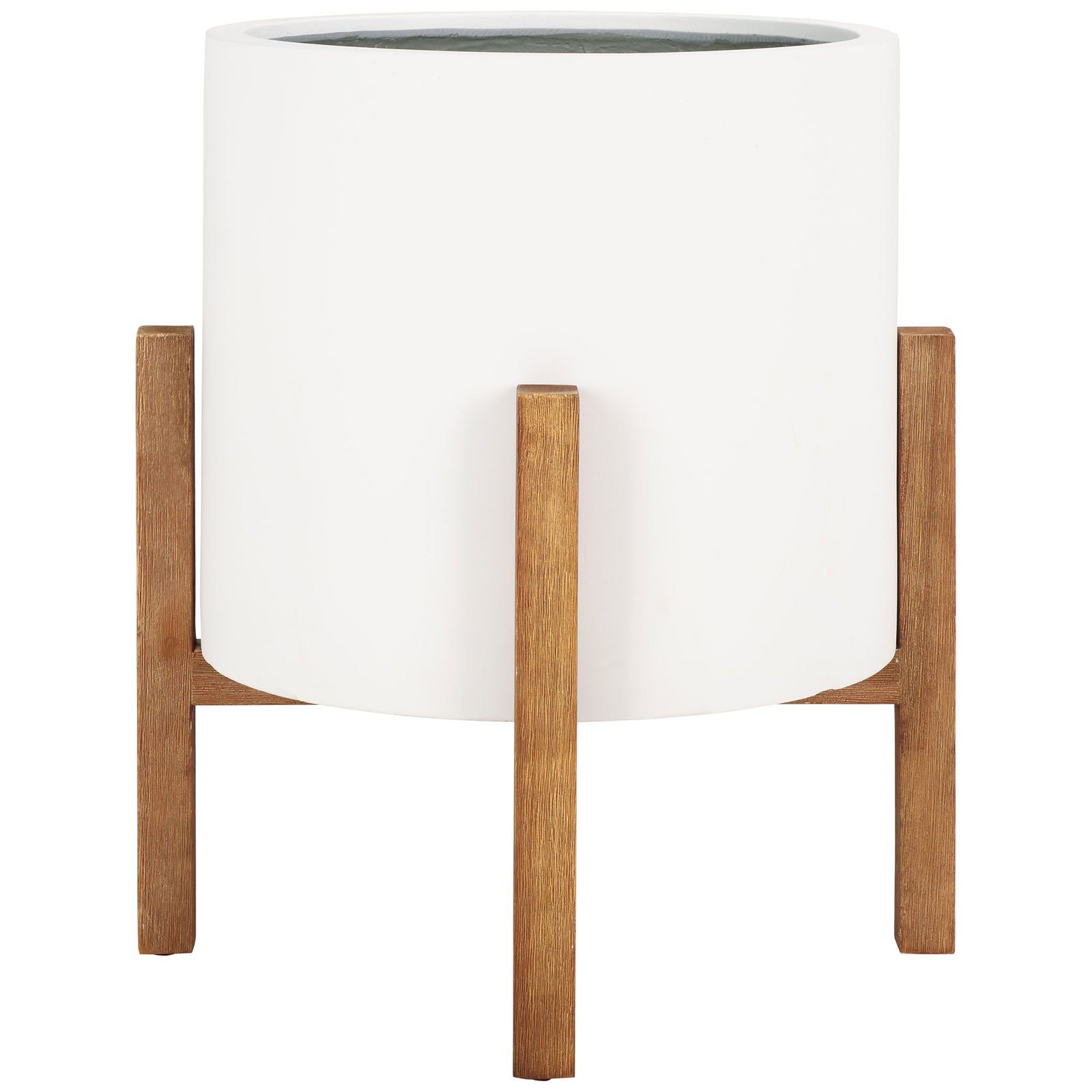 A clean white planter pairs a cylindrical pot with warm wood-grain uprights. || PAT1515C || side_studio