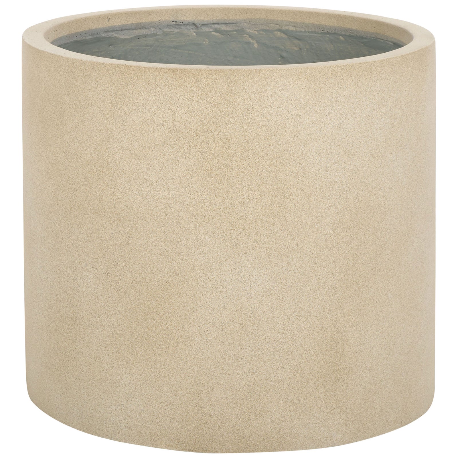 A wide rim tops the beige cylindrical planter's finely textured, stone-look surface || PAT1516B || front_angle_studio