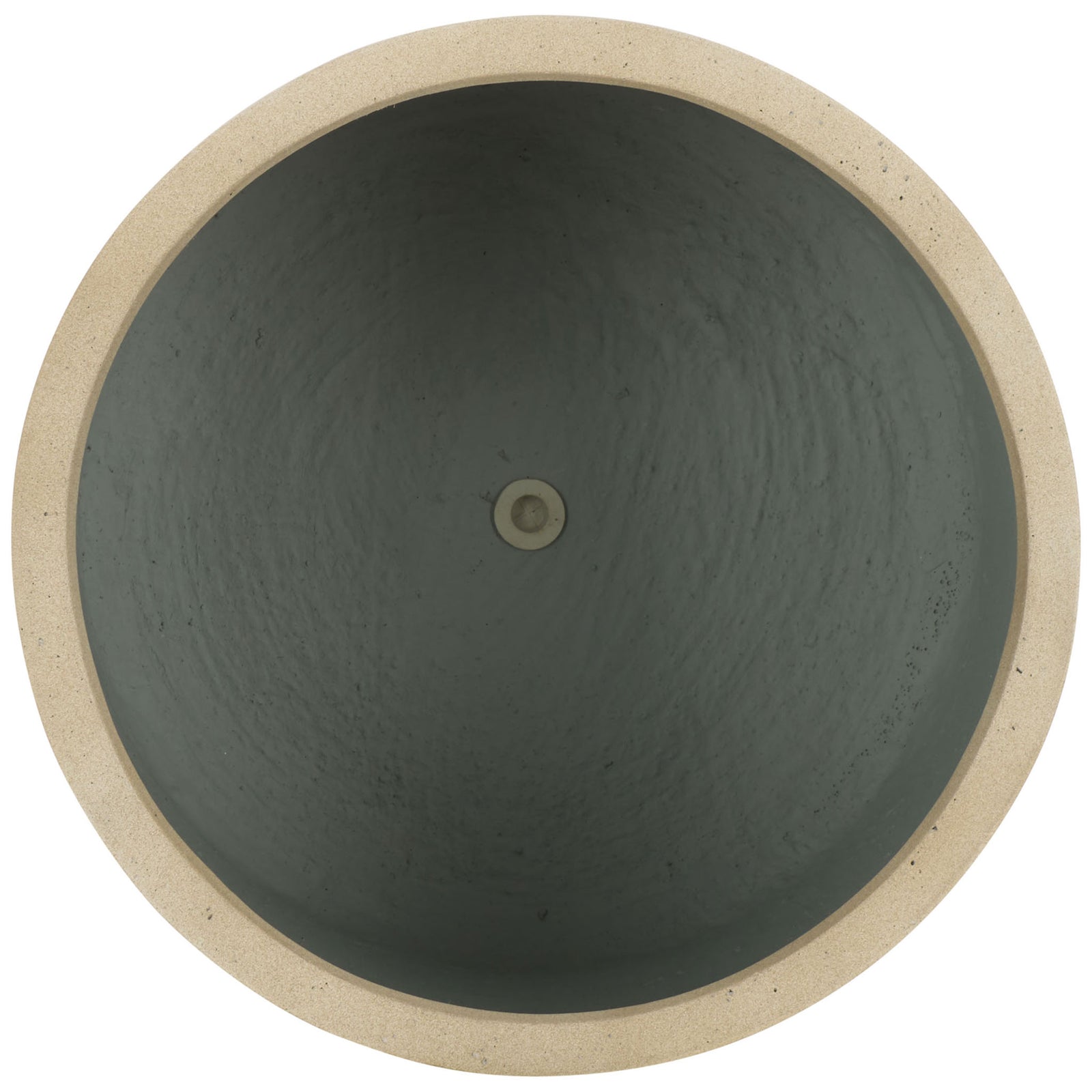 A rounded beige rim frames the planter's gray interior and central drainage opening || PAT1516B || top_studio