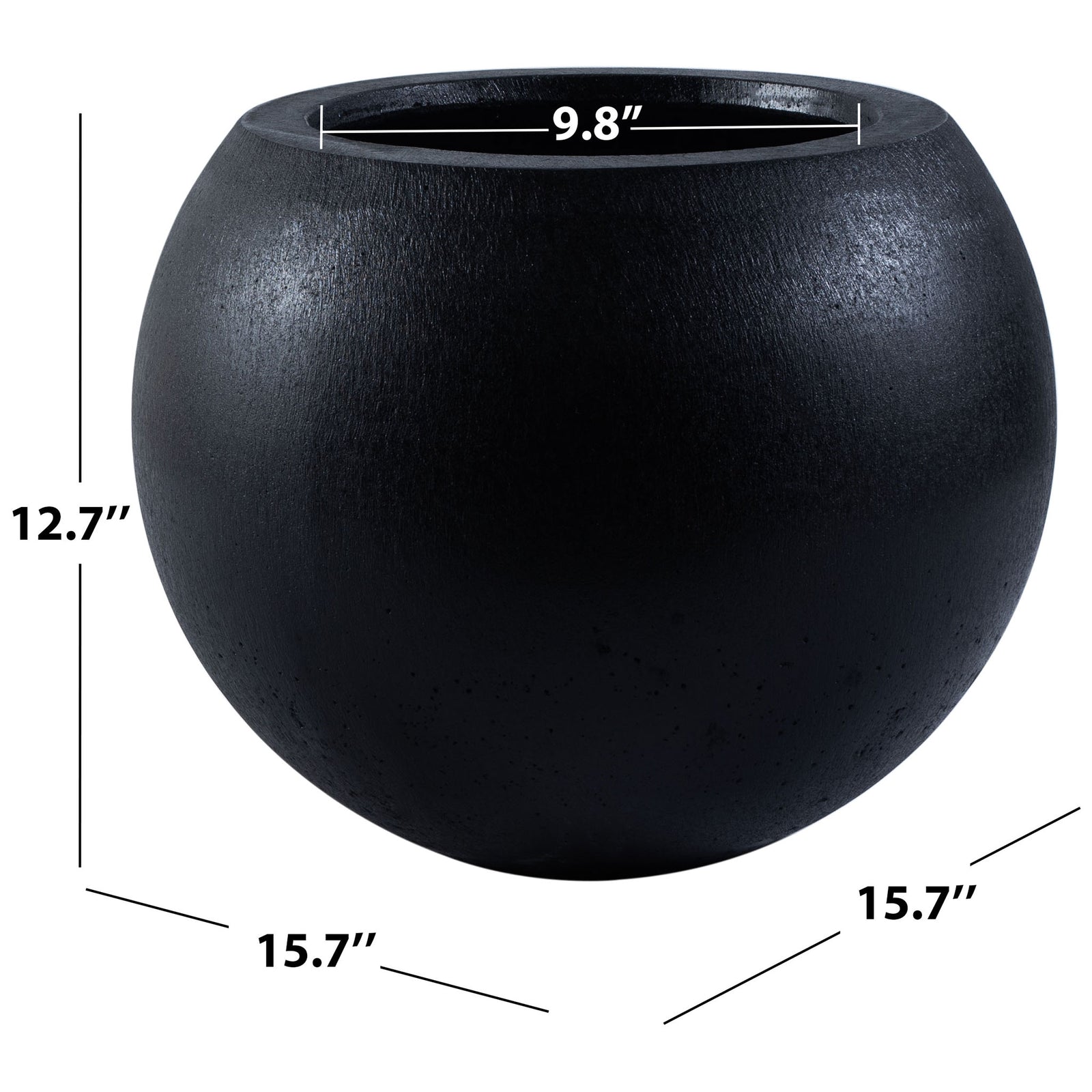 Compact black planter measures 15.7 inches wide and 12.7 inches high, with a 9.8-inch opening. || PAT1518A || dimension_studio