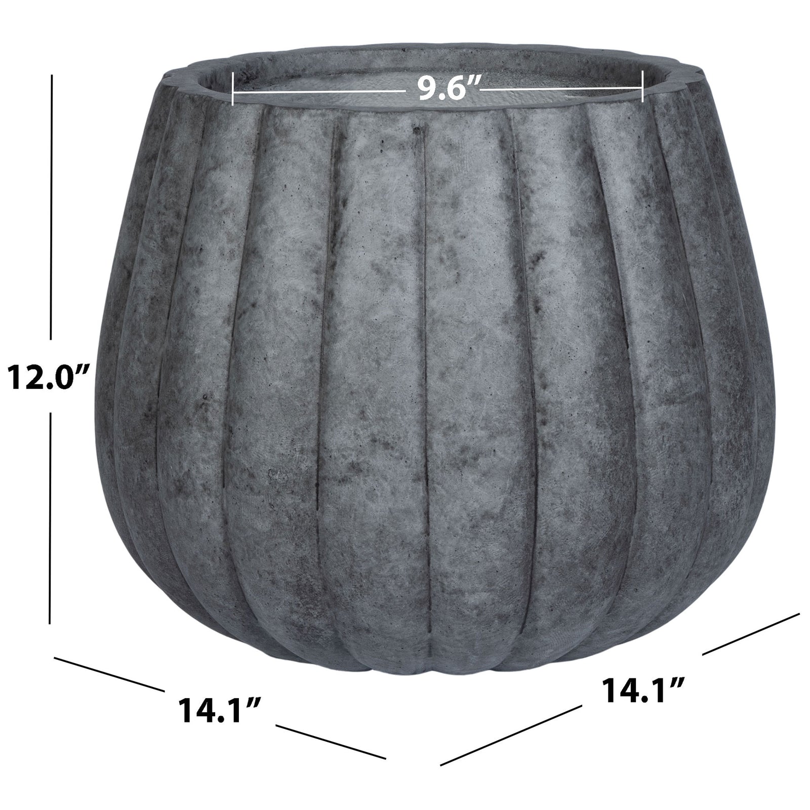 Fluted gray planter measures 14.1 inches across and 12 inches high, with a 9.6-inch opening || PAT1522A || dimension_studio