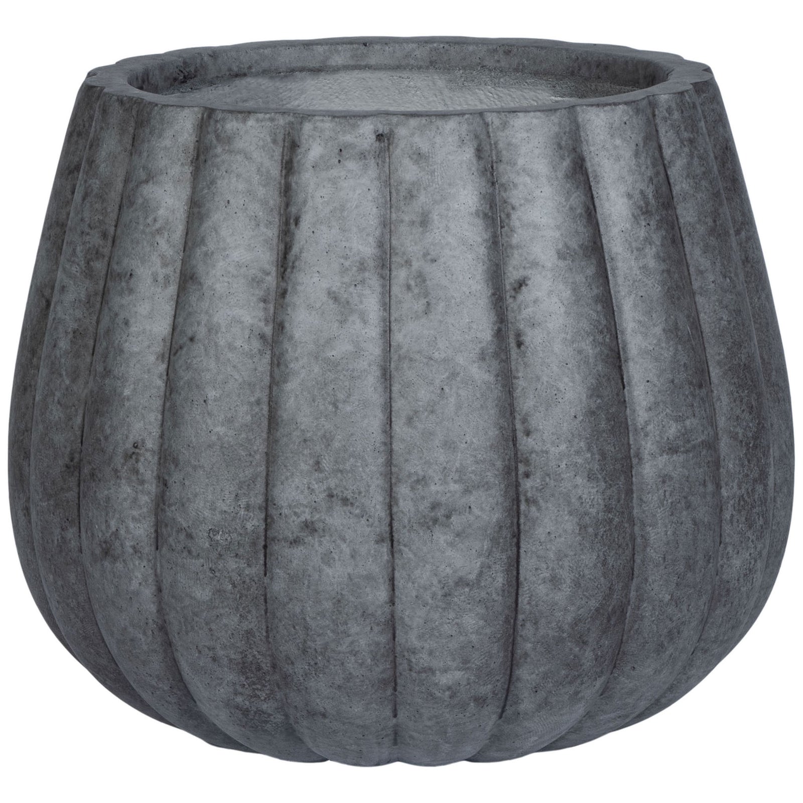 Dark gray planter pairs a rounded silhouette with pronounced pumpkin-inspired flutes || PAT1522A || front_studio