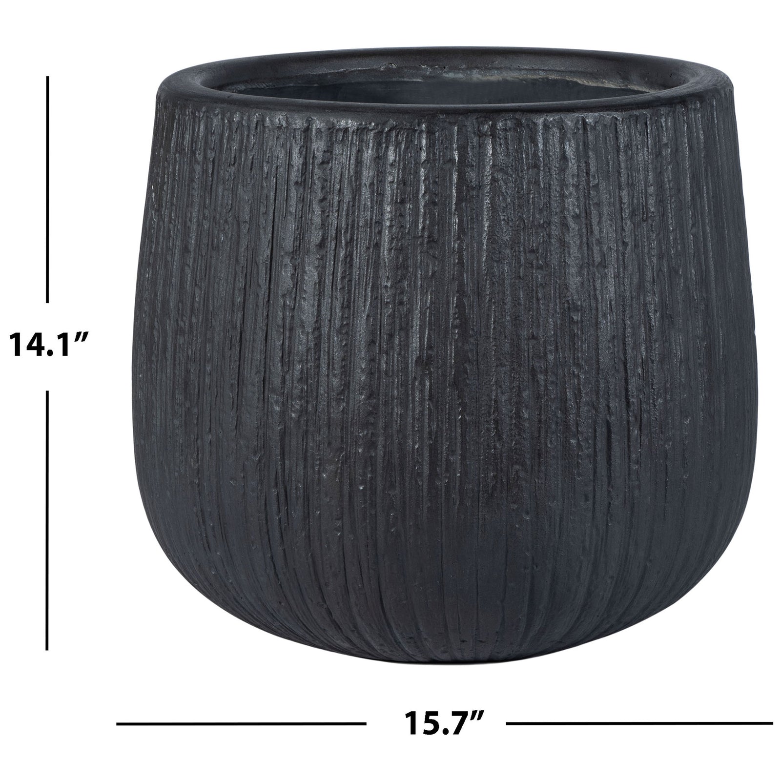 The rounded black planter stands 14.1 inches high and measures 15.7 inches across || PAT1523A || dimension_studio