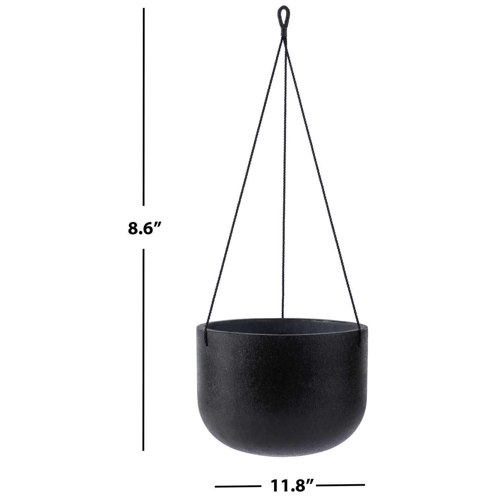 The black hanging bowl measures 11.8 inches wide and 8.6 inches high. || PAT1527A || dimension_studio