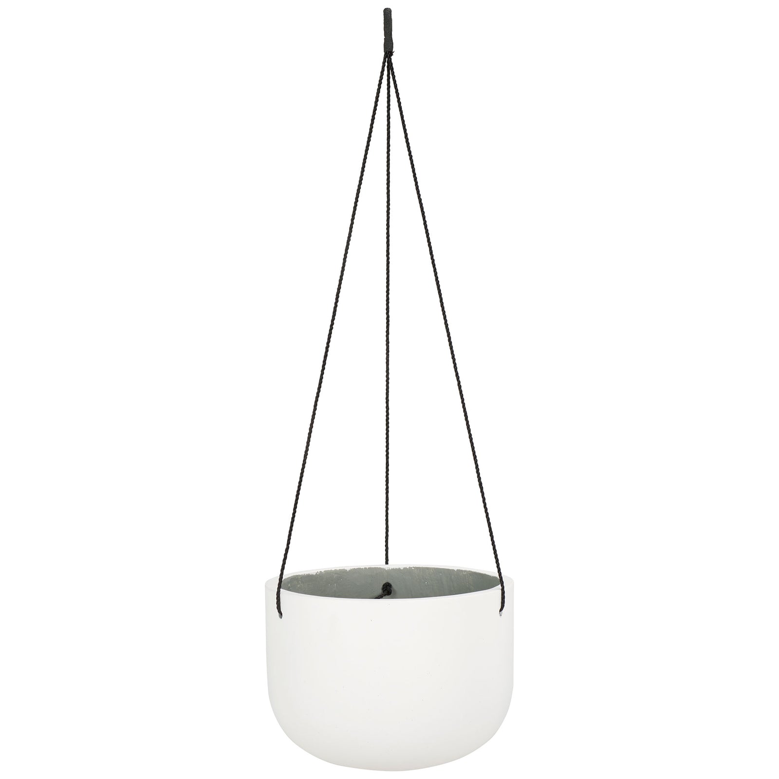 A smooth white bowl planter hangs from dark cords with a loop at the top. || PAT1527C || front_studio