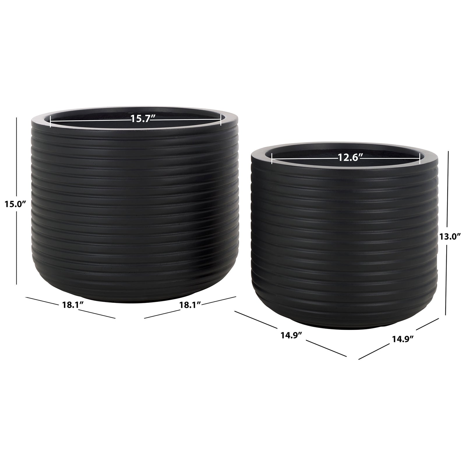 Two black ribbed planters measure 18.1 and 14.9 inches wide, with openings sized for greenery || PAT1530A-SET2 || dimension_studio